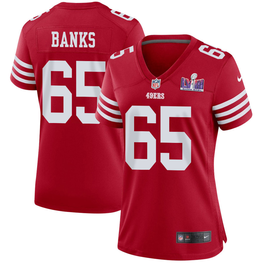 Aaron Banks 65 San Francisco 49ers Super Bowl Lviii Patch Game Women Jersey - Scarlet Js1392