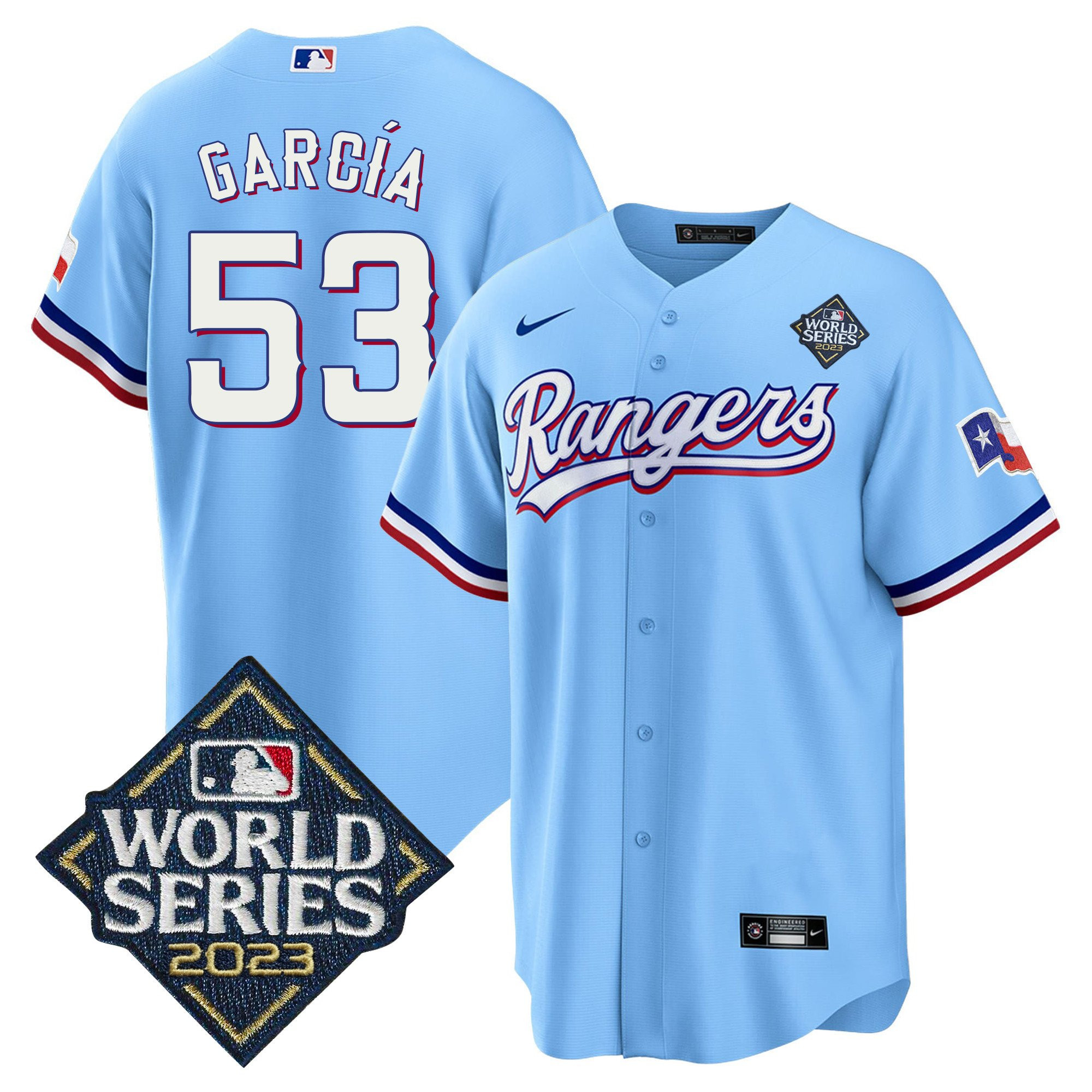 Adolis Garc?a 53 Texas Rangers 2023 World Series Stitched Baseball Jersey - Blue
