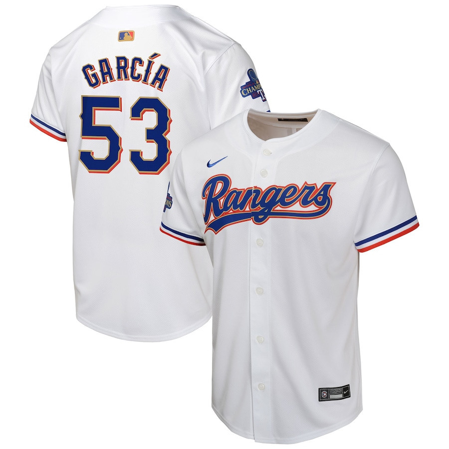 Adolis Garcia 53 Texas Rangers 2024 Youth Gold Collection Limited Jersey - White
