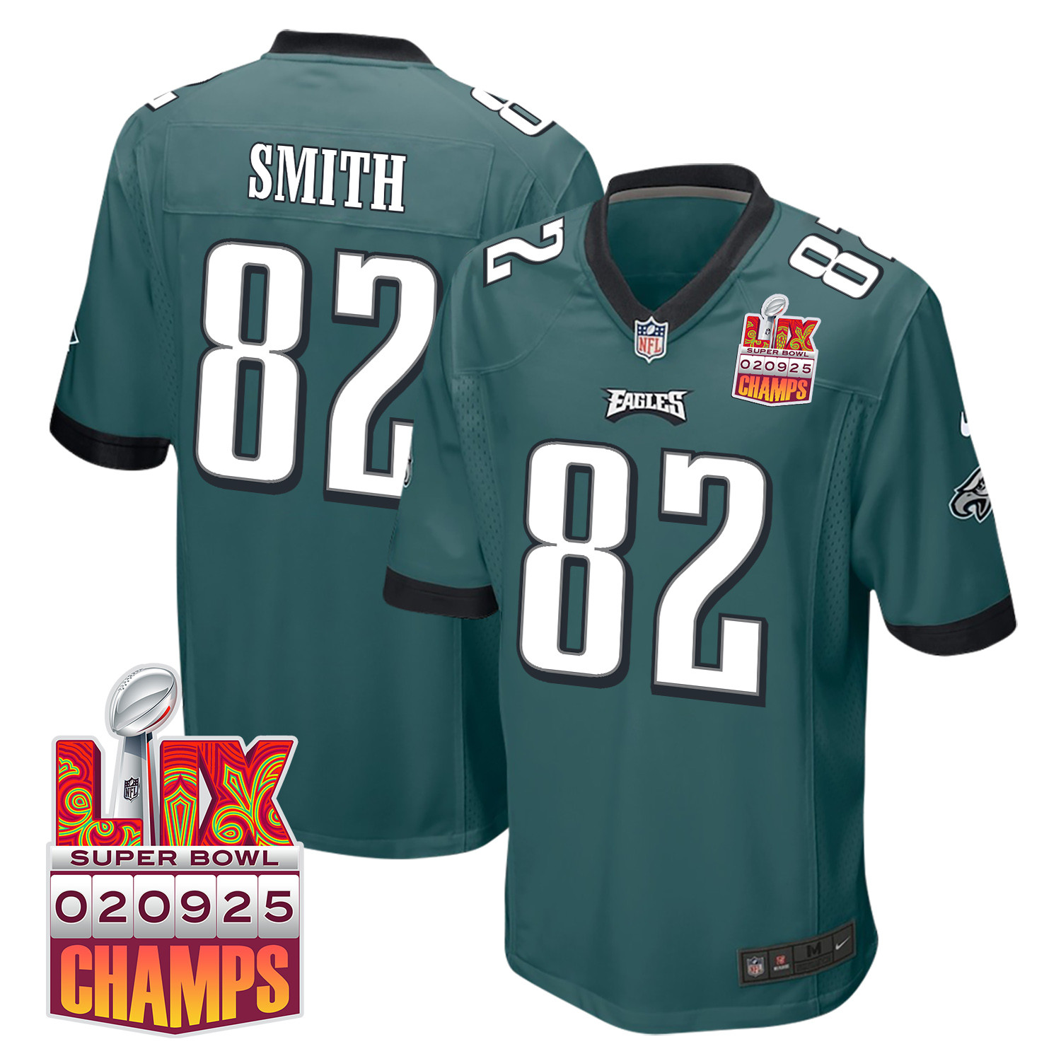 Ainias Smith 82 Philadelphia Eagles Super Bowl Lix Champions Patch Game Men Jersey - Midnight Green Js4930