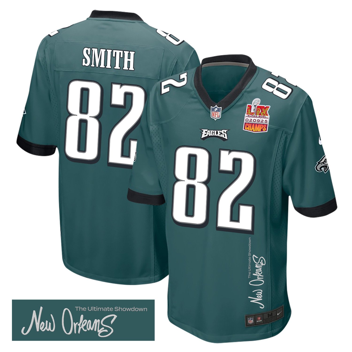Ainias Smith 82 Philadelphia Eagles Super Bowl Lix Champions Patch 'new Orleans - The Ultimate Showdown' Embroidered Game Men Jersey - Midnight Green Js7732