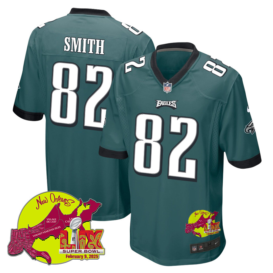 Ainias Smith 82 Philadelphia Eagles Super Bowl Lix New Orleans Patch Game Men Jersey - Midnight Green Js7773