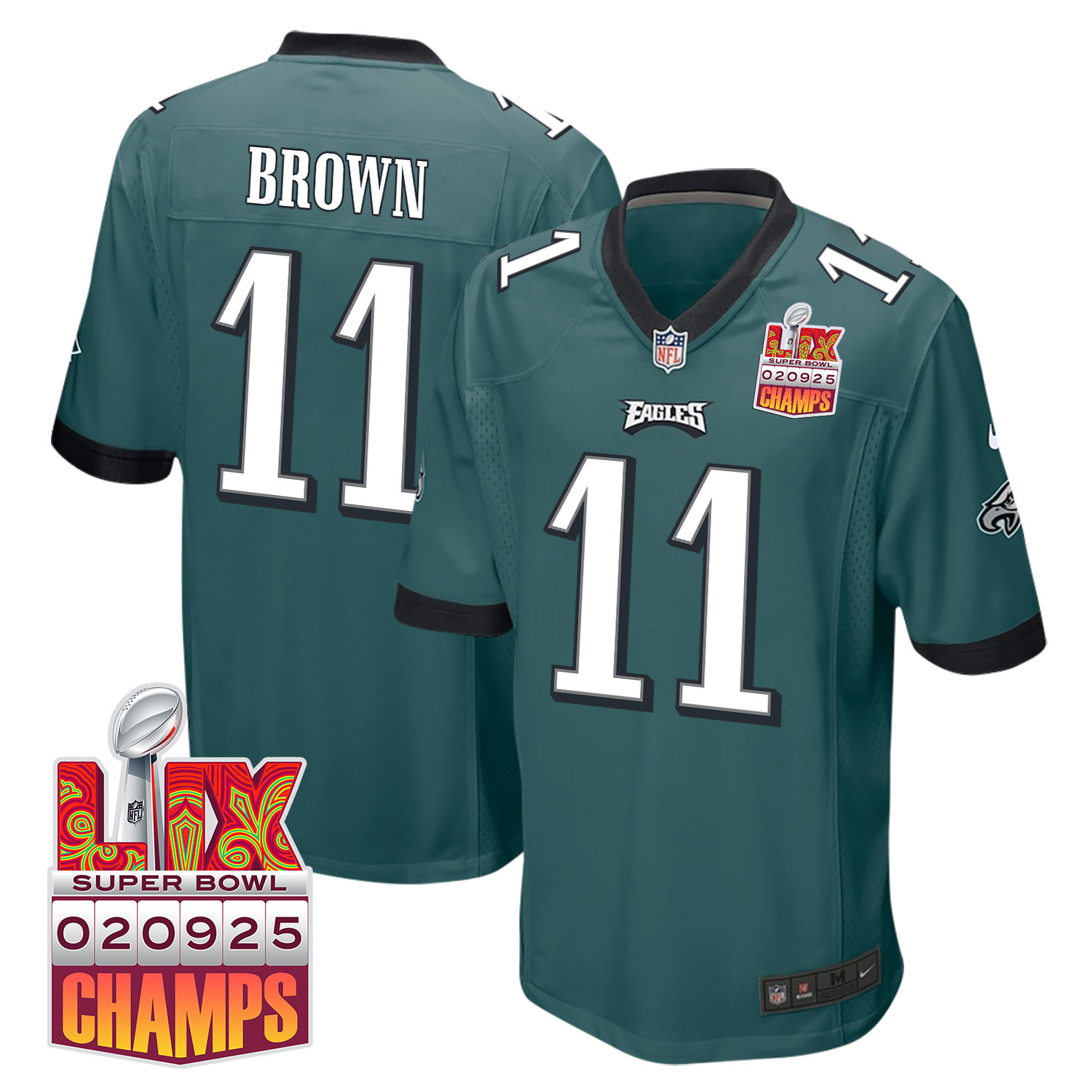 A.j. Brown 11 Philadelphia Eagles Super Bowl Lix Champions Patch Game Men Jersey - Midnight Green Js6525