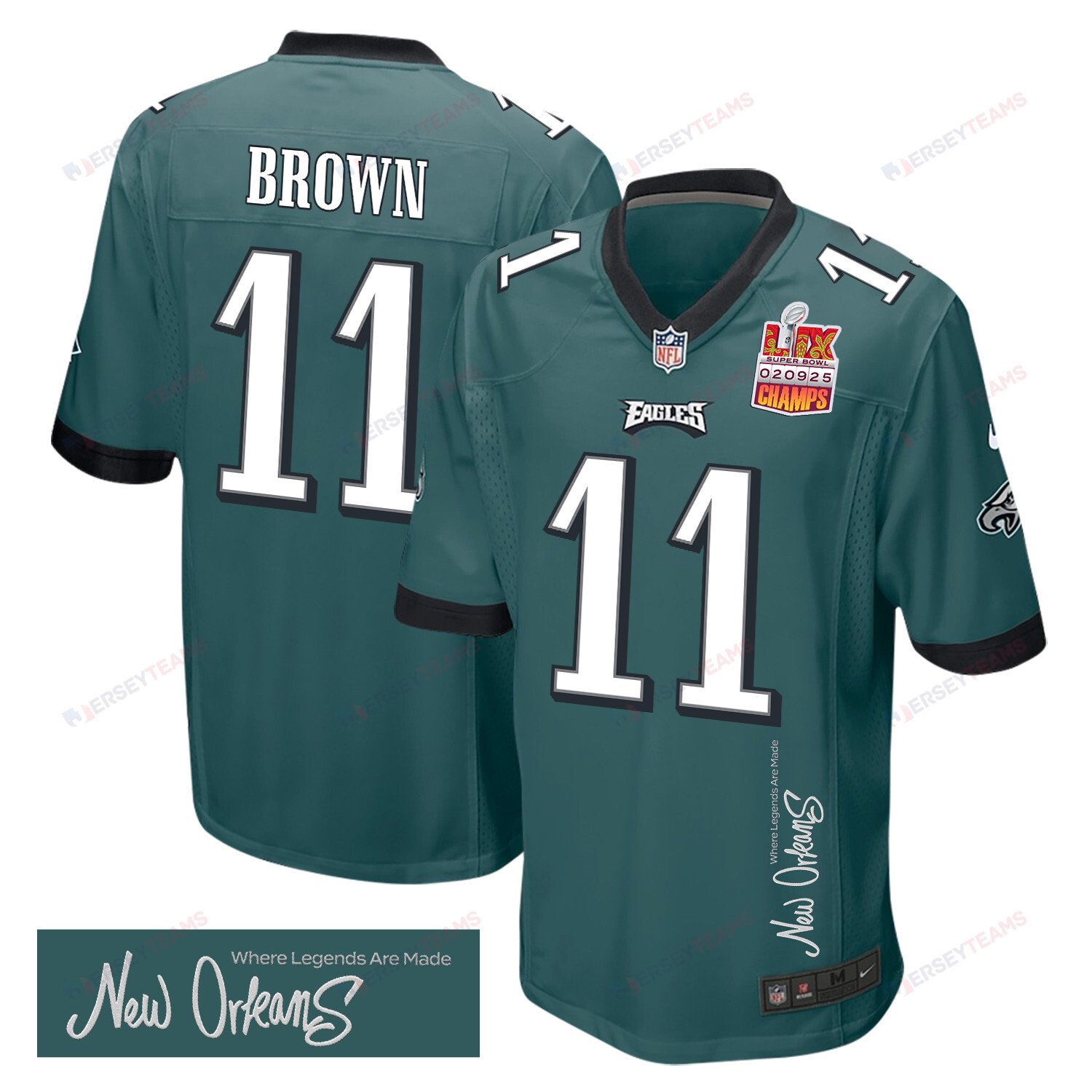 A.j. Brown 11 Philadelphia Eagles Super Bowl Lix Champions Patch 'new Orleans - Where Legends Are Made' Embroidered Game Men Jersey - Midnight Green Js6021