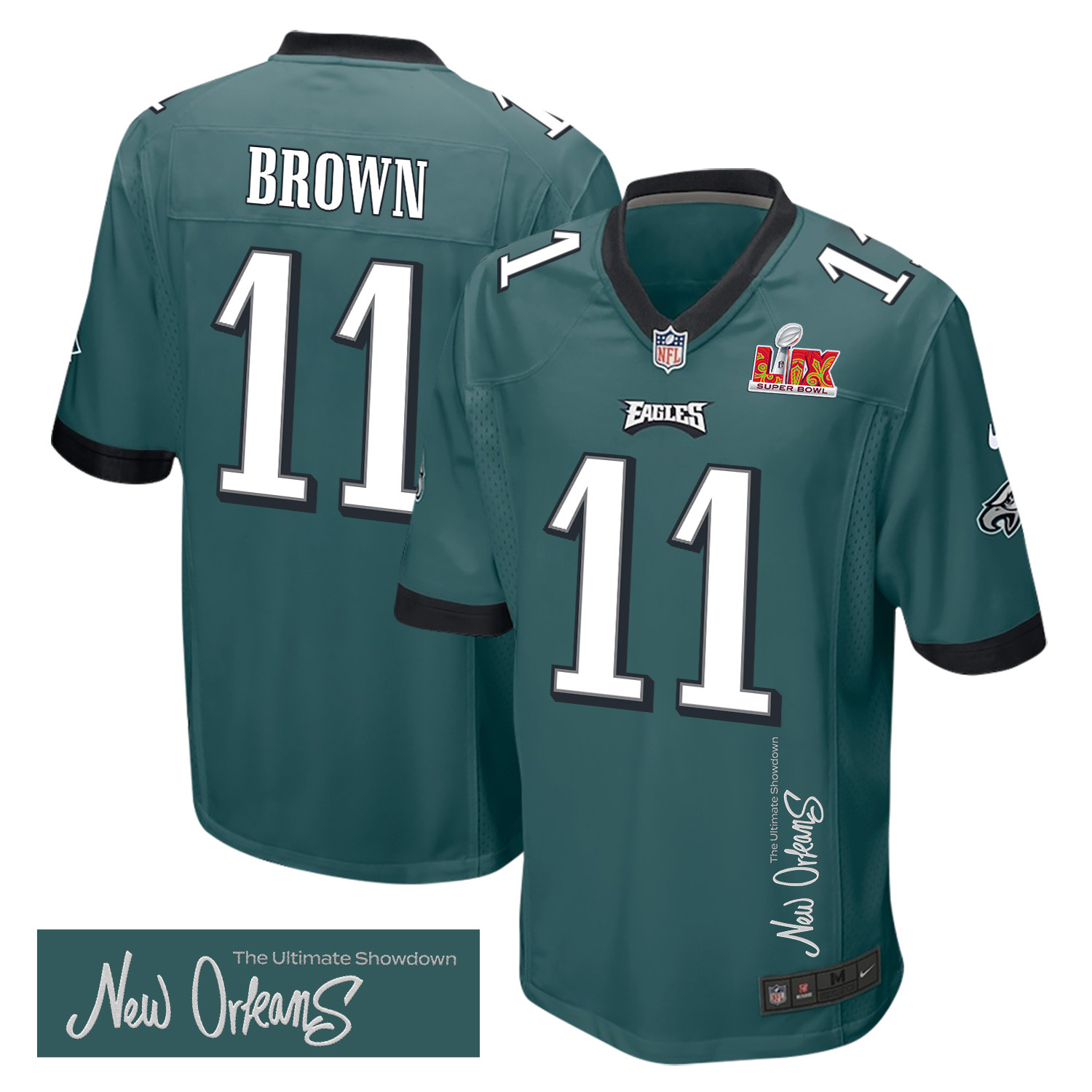 A.j. Brown 11 Philadelphia Eagles Super Bowl Lix 'new Orleans - The Ultimate Showdown' Embroidered Game Men Jersey - Midnight Green Js9026