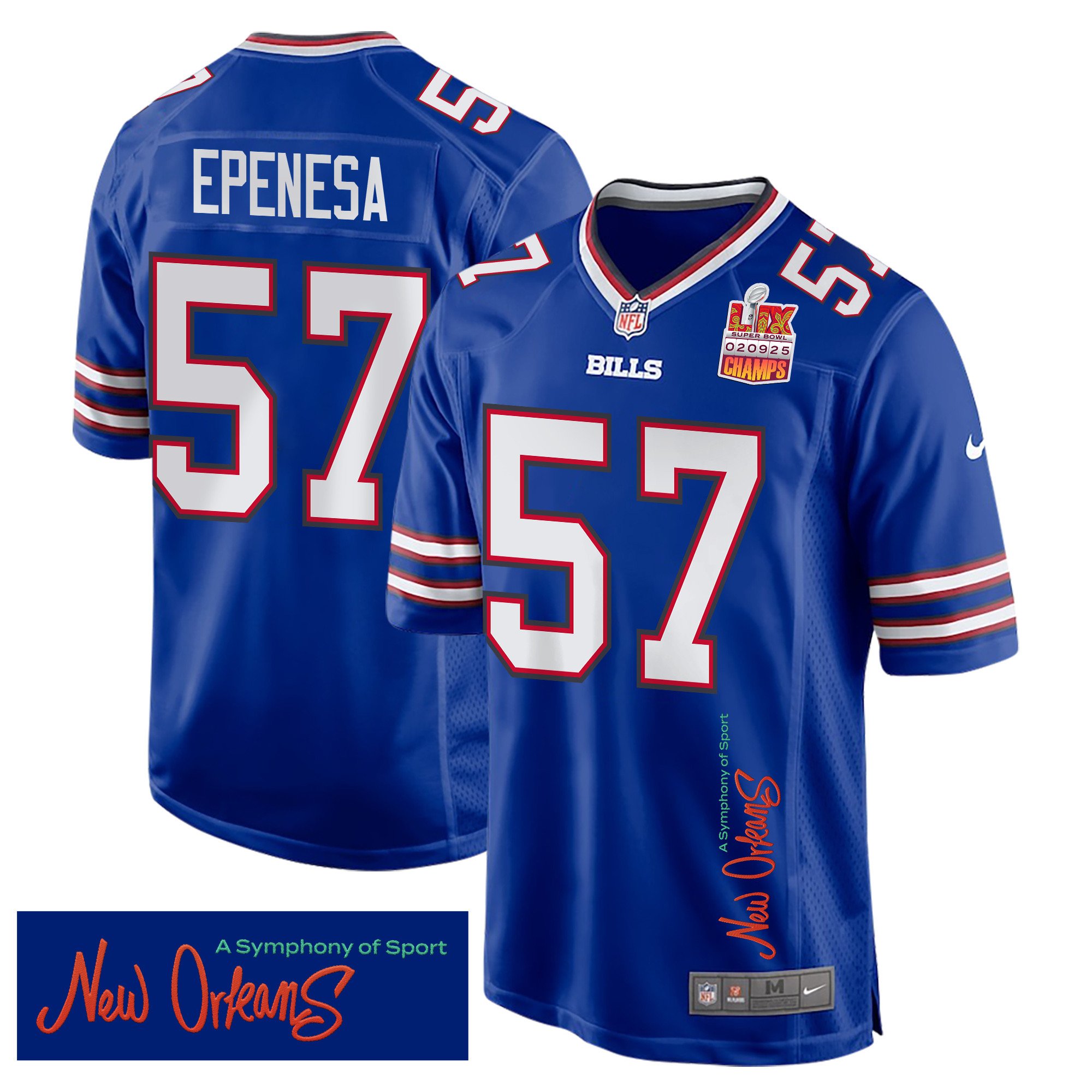 A.j. Epenesa 57 Buffalo Bills Super Bowl Lix Champions Patch 'new Orleans - A Symphony Of Sport' Embroidered Game Men Jersey - Royal Js9683