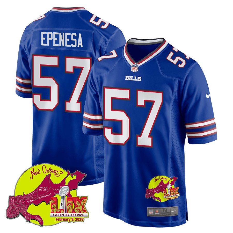 A.j. Epenesa 57 Buffalo Bills Super Bowl Lix New Orleans Patch Game Men Jersey - Royal Js5790
