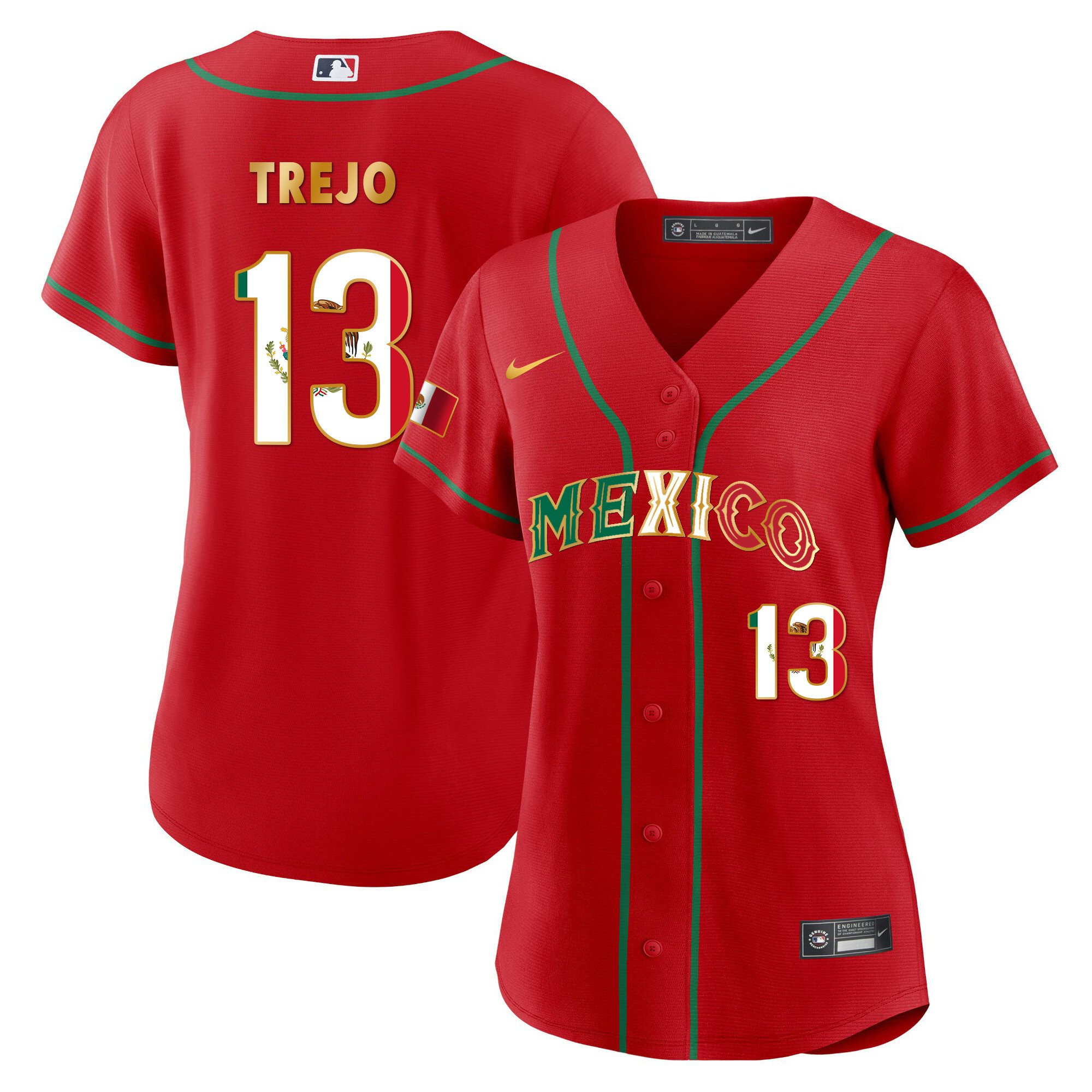 Alan Trejo 13 Mexico 2023 Flag Baseball Jersey - Red Gold