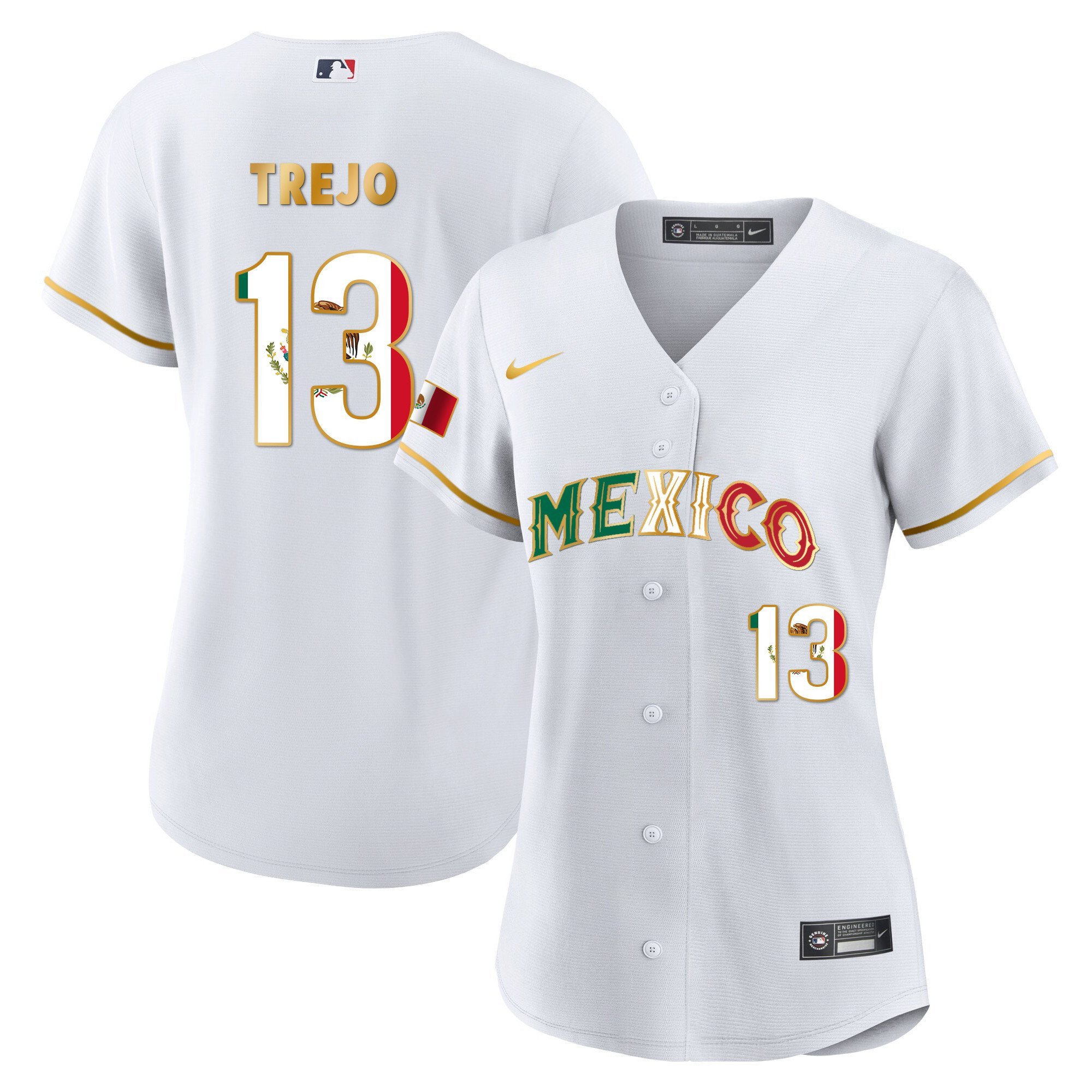 Alan Trejo 13 Mexico 2023 Flag Baseball Jersey - White Gold