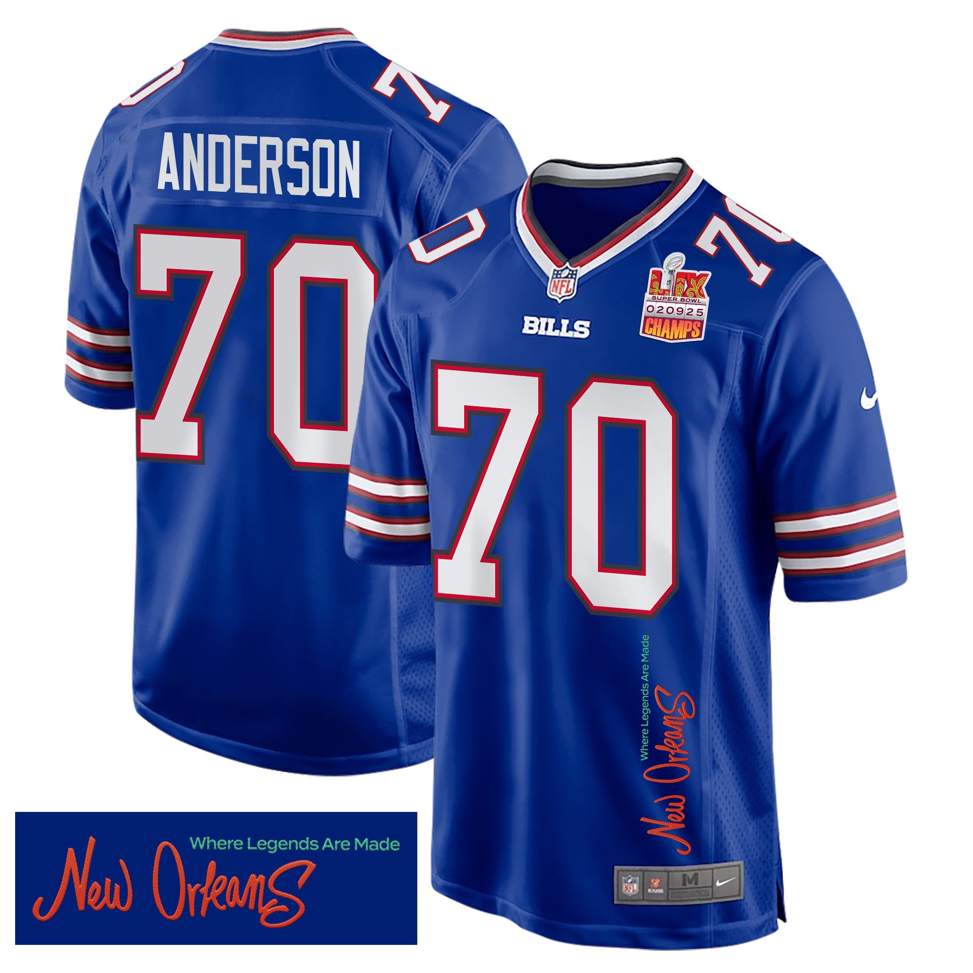 Alec Anderson 70 Buffalo Bills Super Bowl Lix Champions Patch 'new Orleans - Where Legends Are Made' Embroidered Game Men Jersey - Royal Js1630
