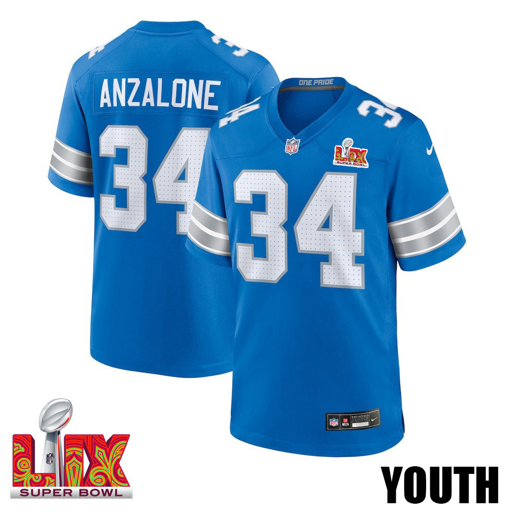 Alex Anzalone #34 Detroit Lions Super Bowl Lix Youth Jersey - Blue Js2764