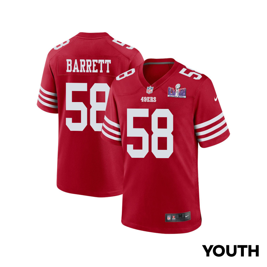 Alex Barrett 58 San Francisco 49ers Super Bowl Lviii Patch Game Youth Jersey - Scarlet Js2760