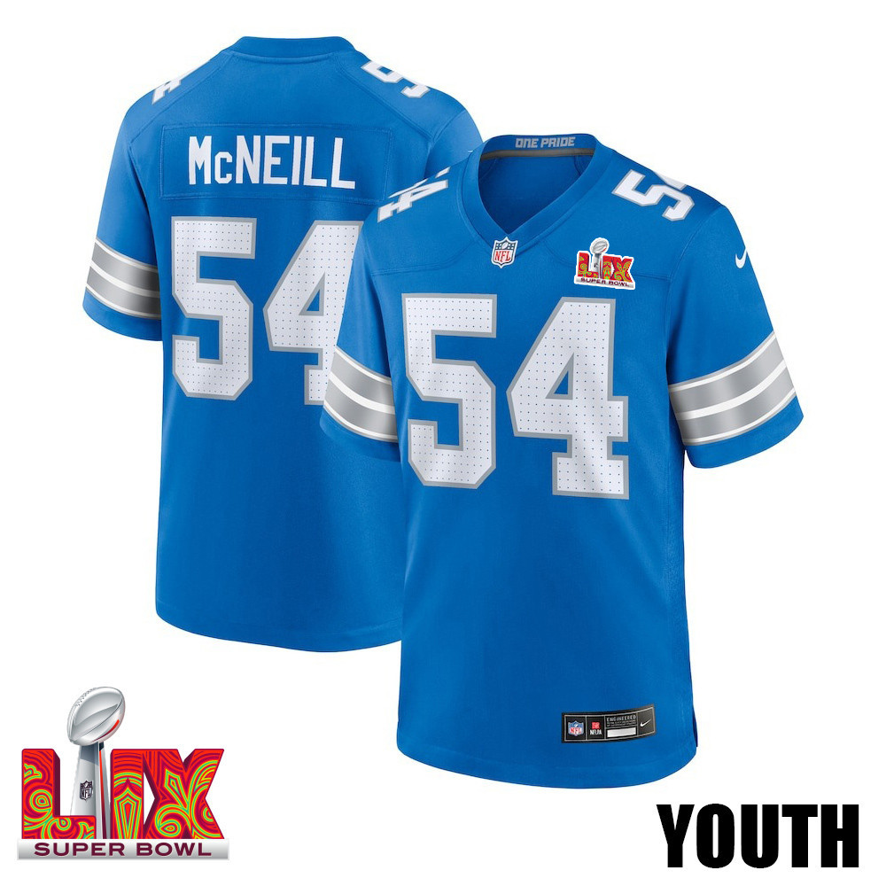 Alim Mcneill #54 Detroit Lions Super Bowl Lix Youth Jersey - Blue Js3710