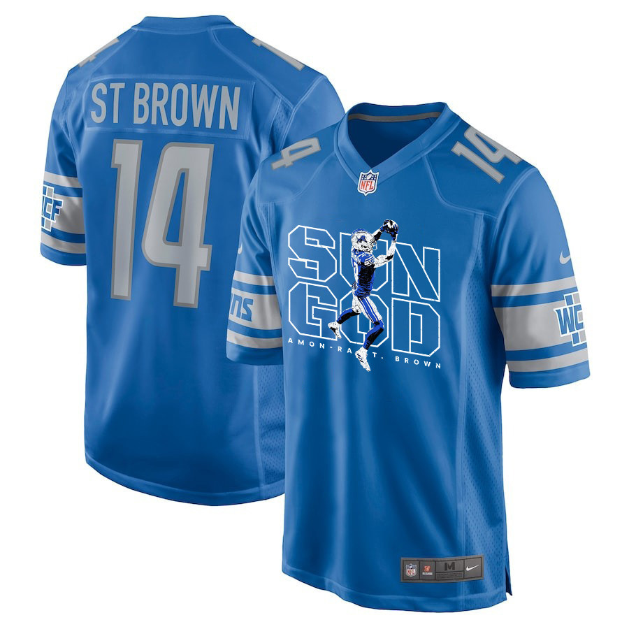 Amon-ra St. Brown 14 Detroit Lions Sun God Game Men Jersey - Blue Js8008