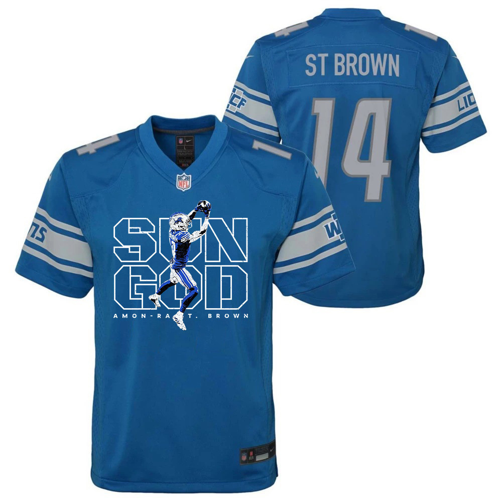 Amon-ra St. Brown 14 Detroit Lions Sun God Game Youth Jersey - Blue Js9146