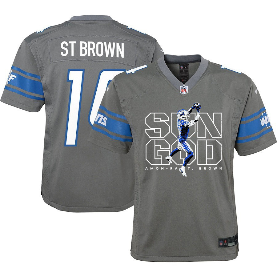 Amon-ra St. Brown 14 Detroit Lions Sun God Game Youth Jersey - Silver Js8086
