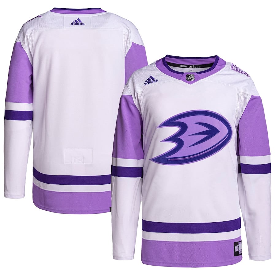 Anaheim Ducks Hockey Fights Cancer Primegreen Men Jersey - White/purple