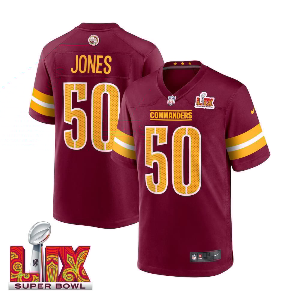 Andre Jones Jr. #50 Washington Commanders Super Bowl Lix Jersey - Men's - Burgundy Js3373