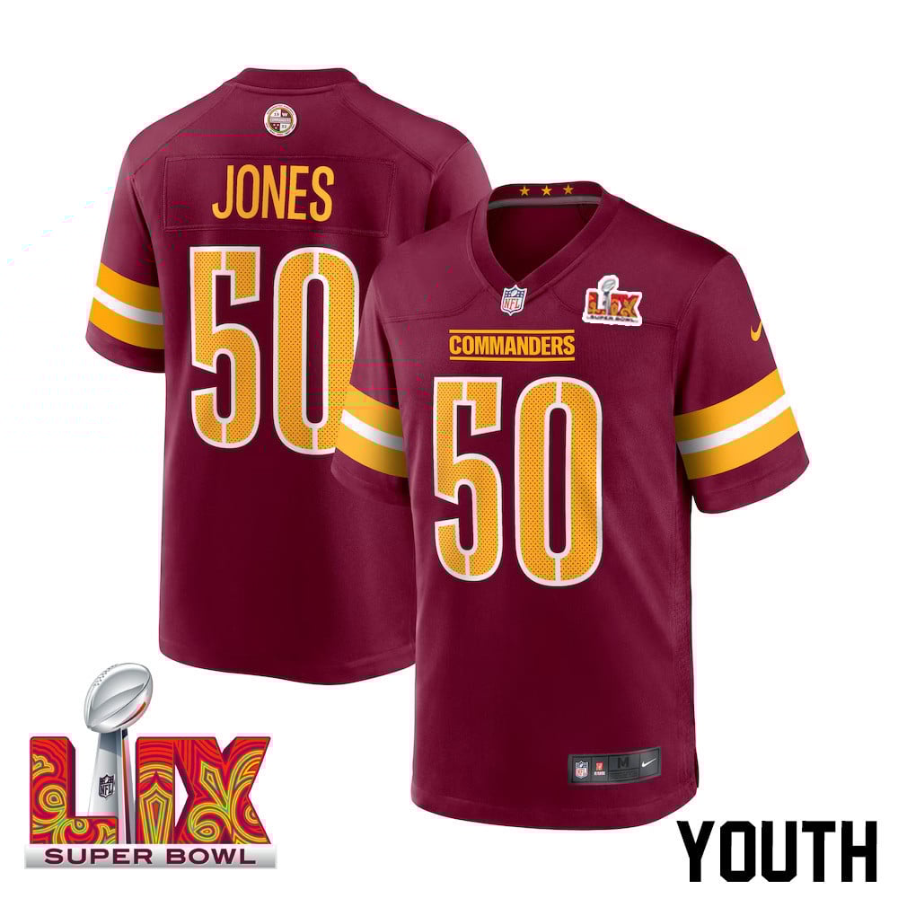 Andre Jones Jr. #50 Washington Commanders Super Bowl Lix Youth Jersey - Burgundy Js1508