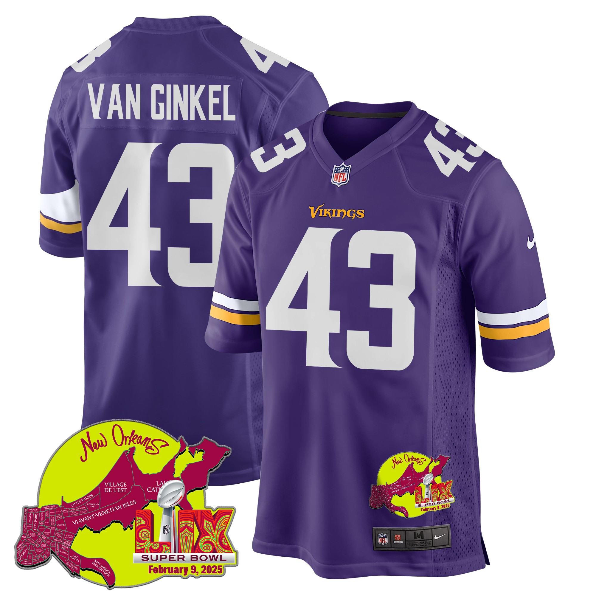Andrew Van Ginkel 43 Minnesota Vikings Super Bowl Lix New Orleans Patch Game Men Jersey - Purple Js7529