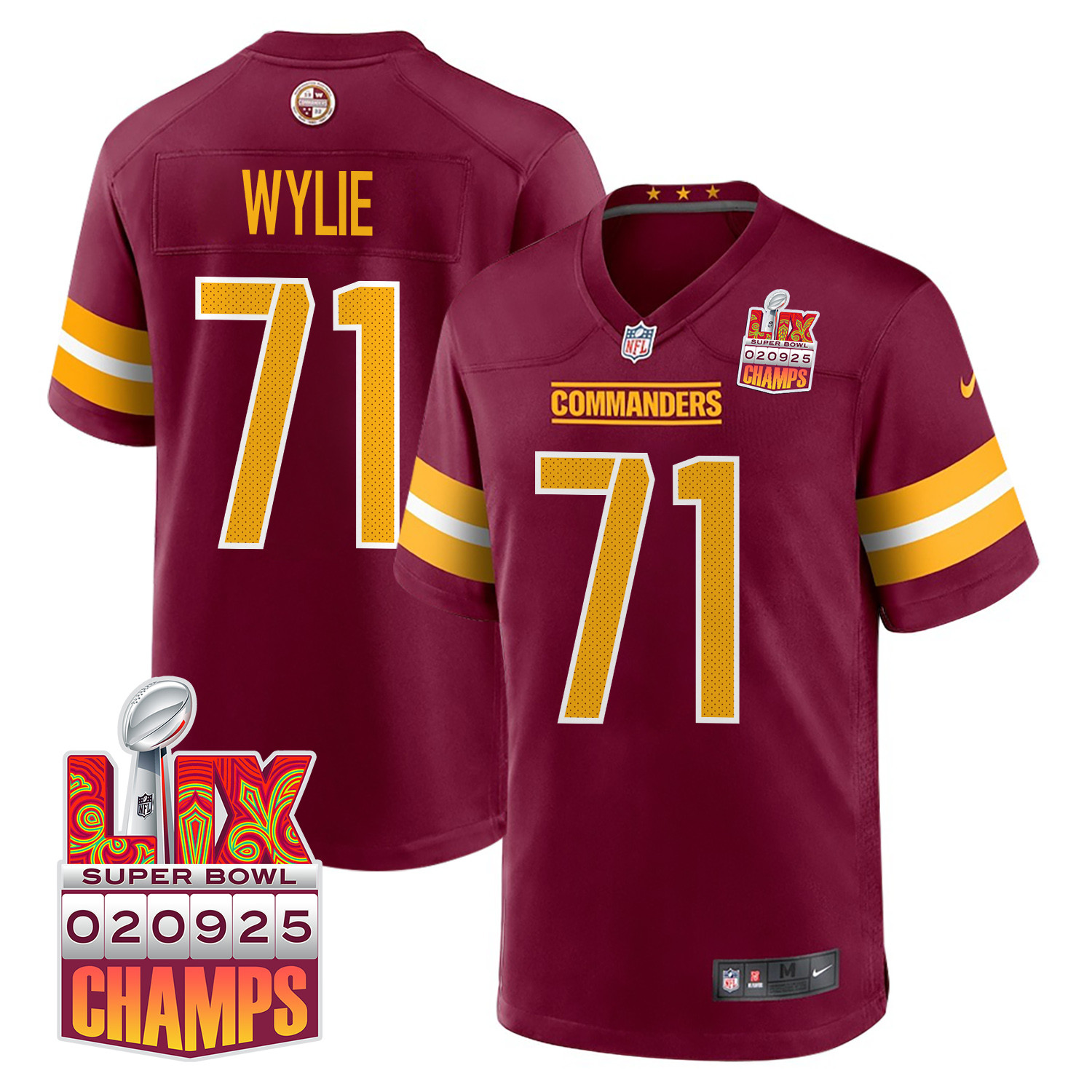 Andrew Wylie 71 Washington Commanders Super Bowl Lix Champions Patch Game Men Jersey - Burgundy Js2228