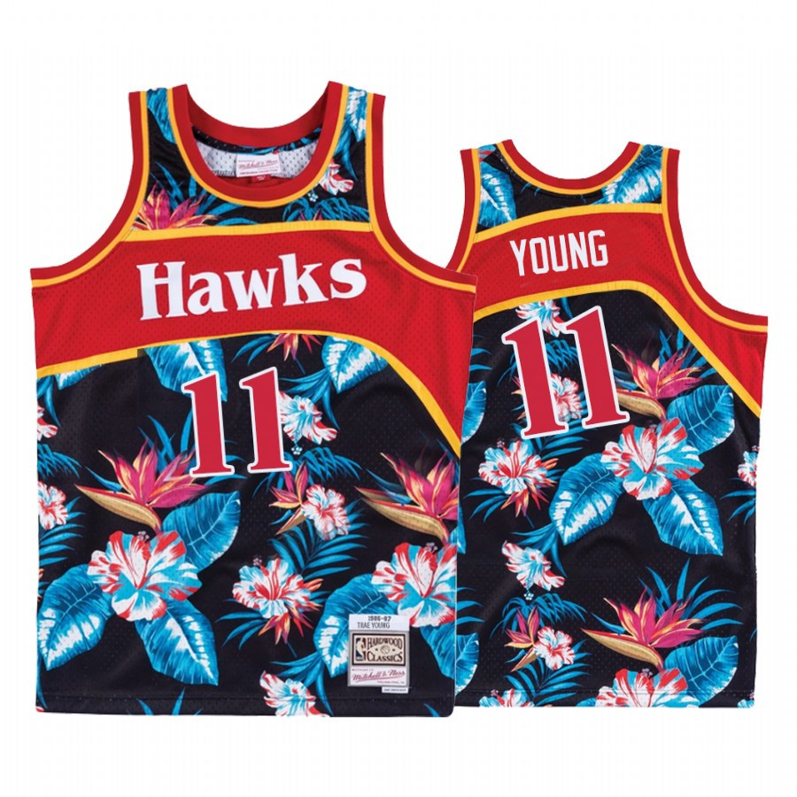 Atlanta Hawks Trae Young 11 Black Hardwood Classics Floral Fashion Jersey