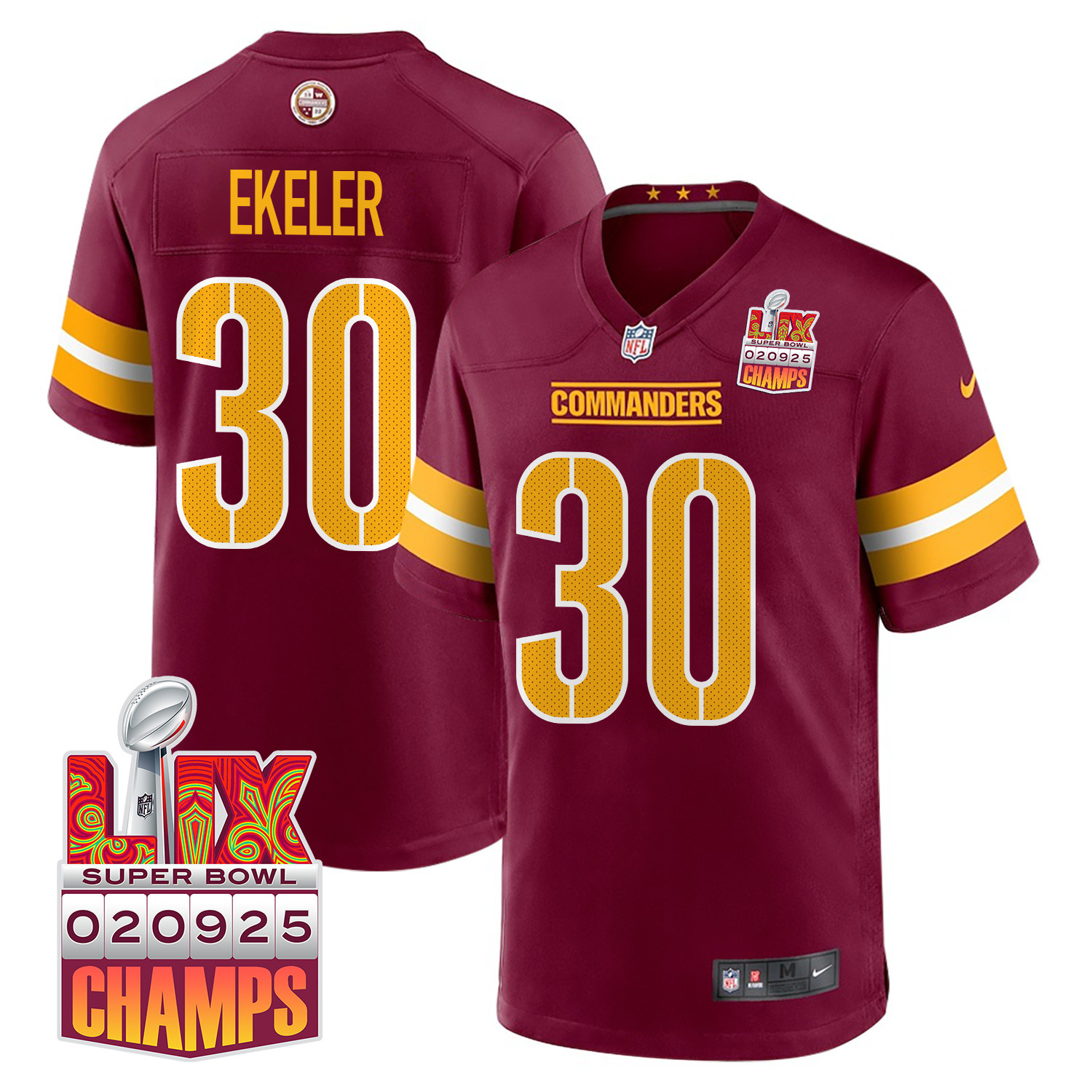 Austin Ekeler 30 Washington Commanders Super Bowl Lix Champions Patch Game Men Jersey - Burgundy Js9354
