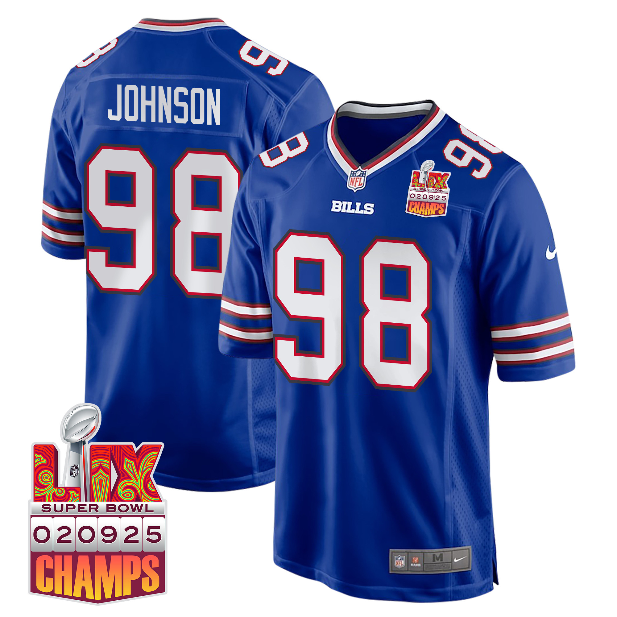 Austin Johnson 98 Buffalo Bills Super Bowl Lix Champions Patch Game Men Jersey - Royal Js8762