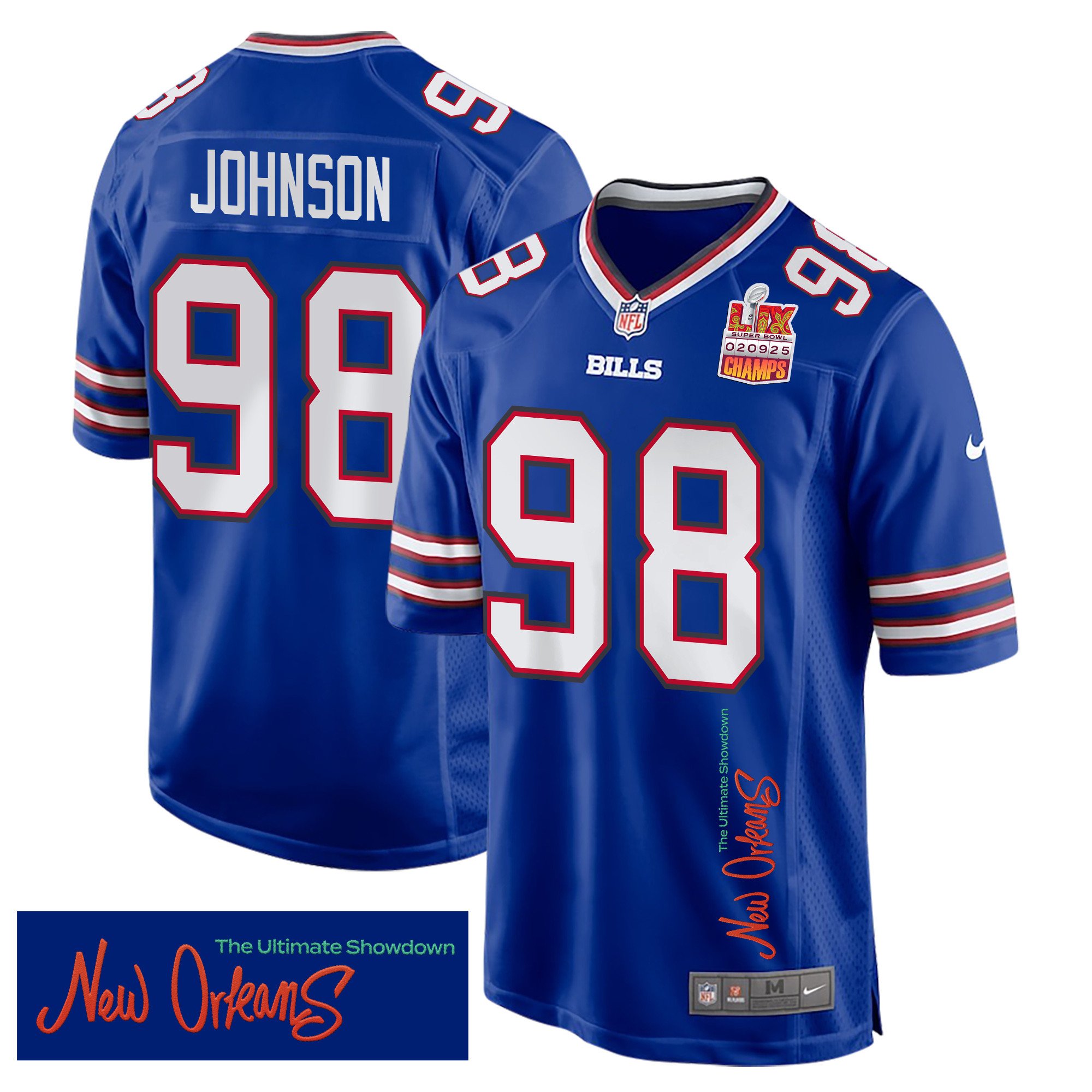 Austin Johnson 98 Buffalo Bills Super Bowl Lix Champions Patch 'new Orleans - The Ultimate Showdown' Embroidered Game Men Jersey - Royal Js1608