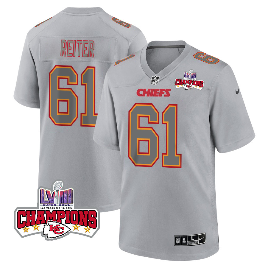 Austin Reiter 61 Kansas City Chiefs Super Bowl Lviii Champions 4 Stars Patch Atmosphere Fashion Game Men Jersey - Gray Js2109