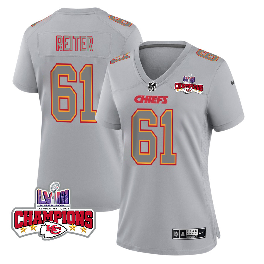 Austin Reiter 61 Kansas City Chiefs Super Bowl Lviii Champions 4 Stars Patch Atmosphere Fashion Game Women Jersey - Gray Js8698