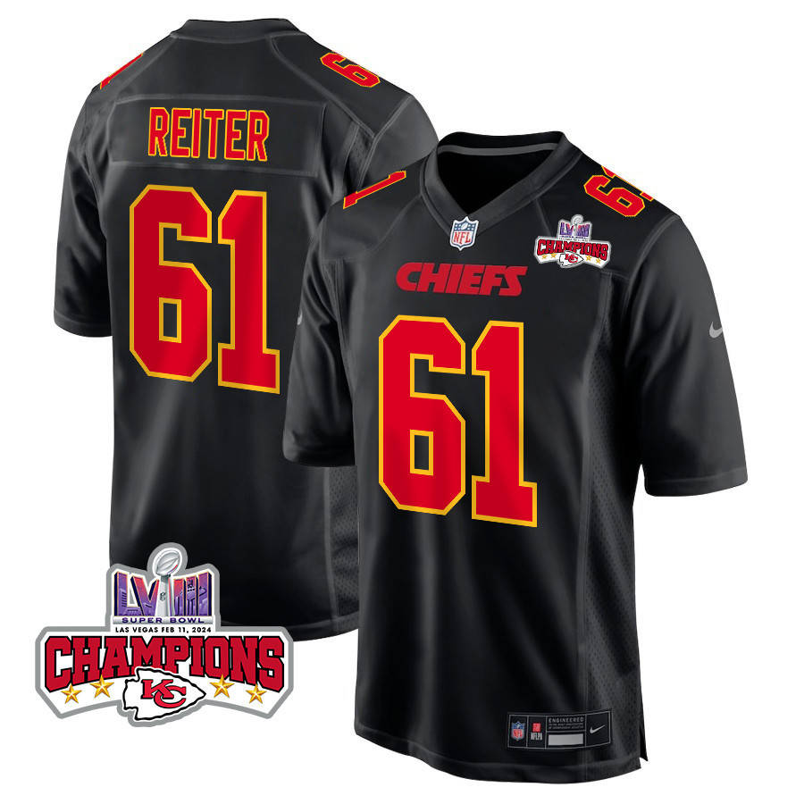 Austin Reiter 61 Kansas City Chiefs Super Bowl Lviii Champions 4 Stars Patch Fashion Game Men Jersey - Carbon Black Js6492