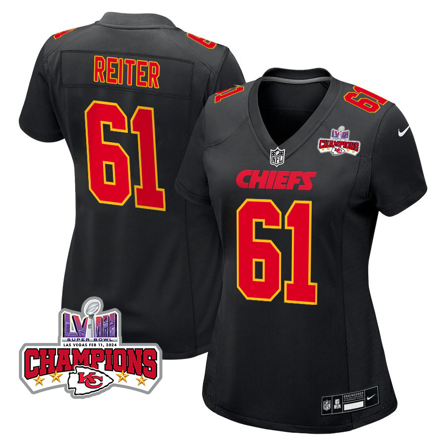 Austin Reiter 61 Kansas City Chiefs Super Bowl Lviii Champions 4 Stars Patch Fashion Game Women Jersey - Carbon Black Js5523