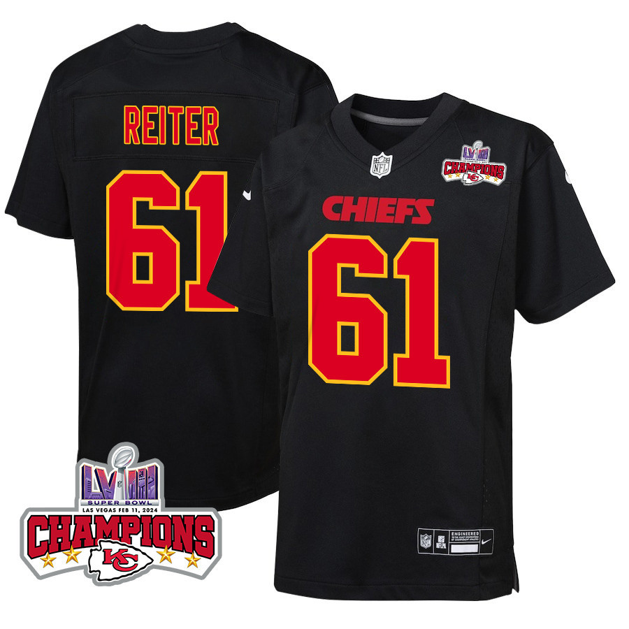 Austin Reiter 61 Kansas City Chiefs Super Bowl Lviii Champions 4 Stars Patch Fashion Game Youth Jersey - Carbon Black Js2096