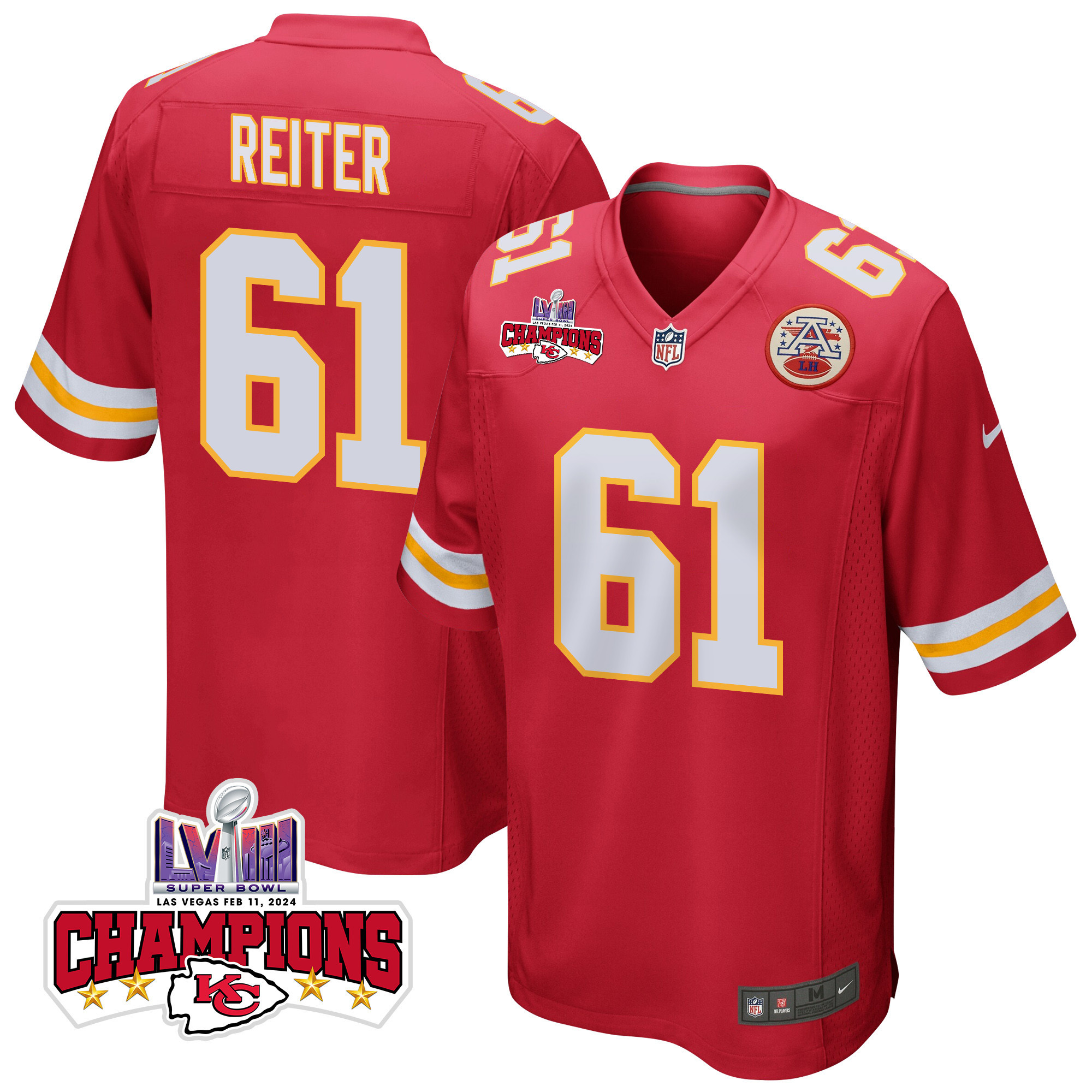 Austin Reiter 61 Kansas City Chiefs Super Bowl Lviii Champions 4 Stars Patch Game Men Jersey - Red Js5292