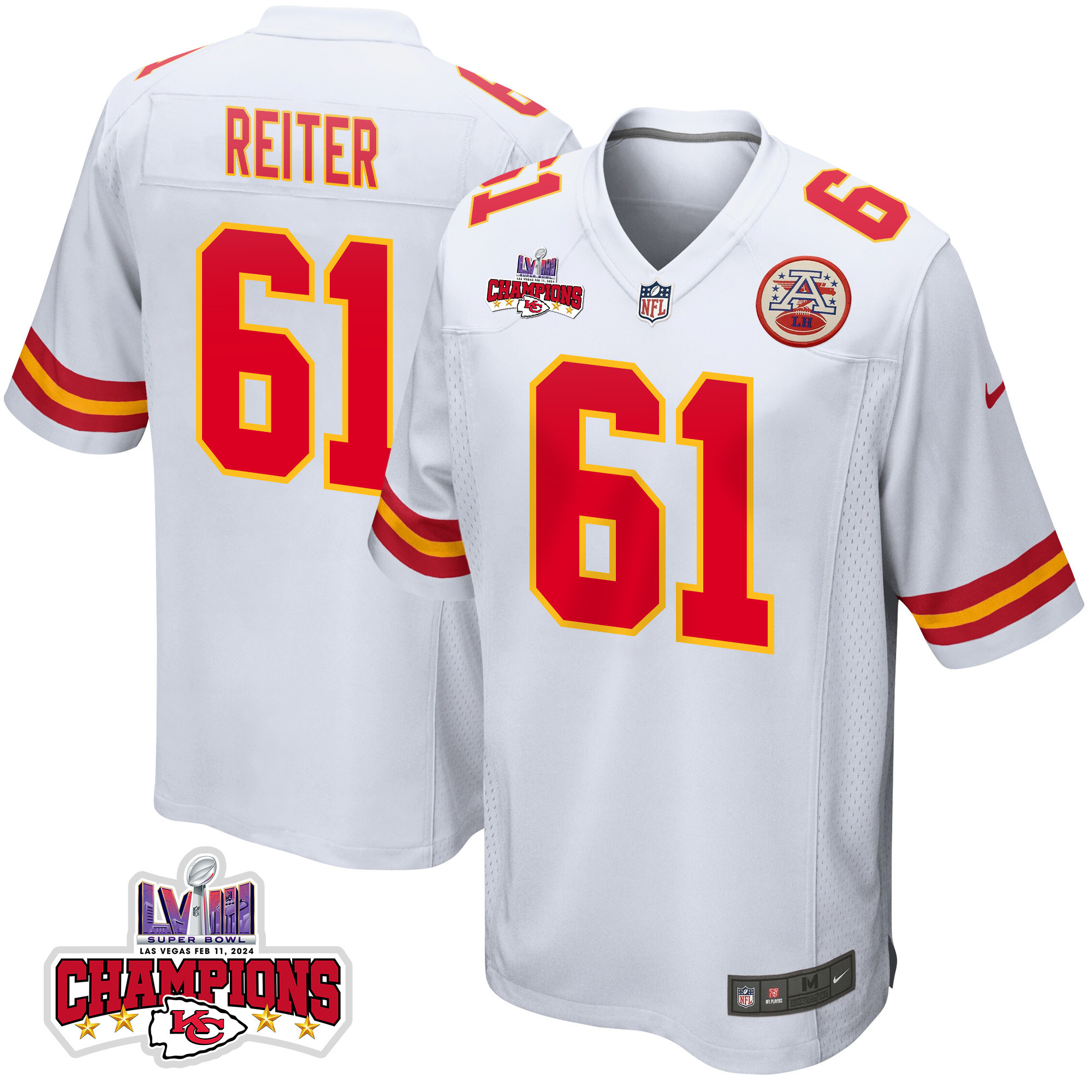 Austin Reiter 61 Kansas City Chiefs Super Bowl Lviii Champions 4 Stars Patch Game Men Jersey - White Js5738