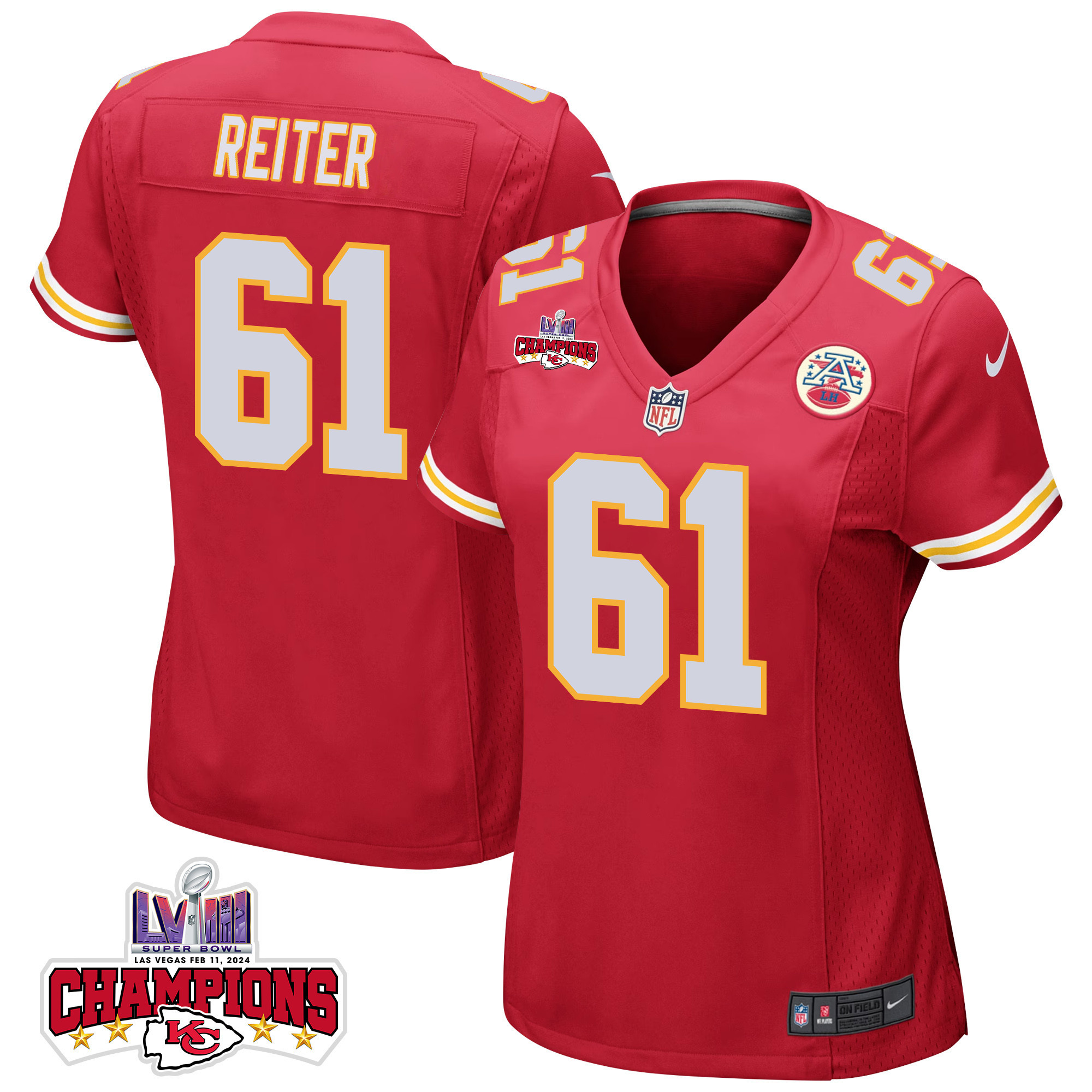 Austin Reiter 61 Kansas City Chiefs Super Bowl Lviii Champions 4 Stars Patch Game Women Jersey - Red Js4482