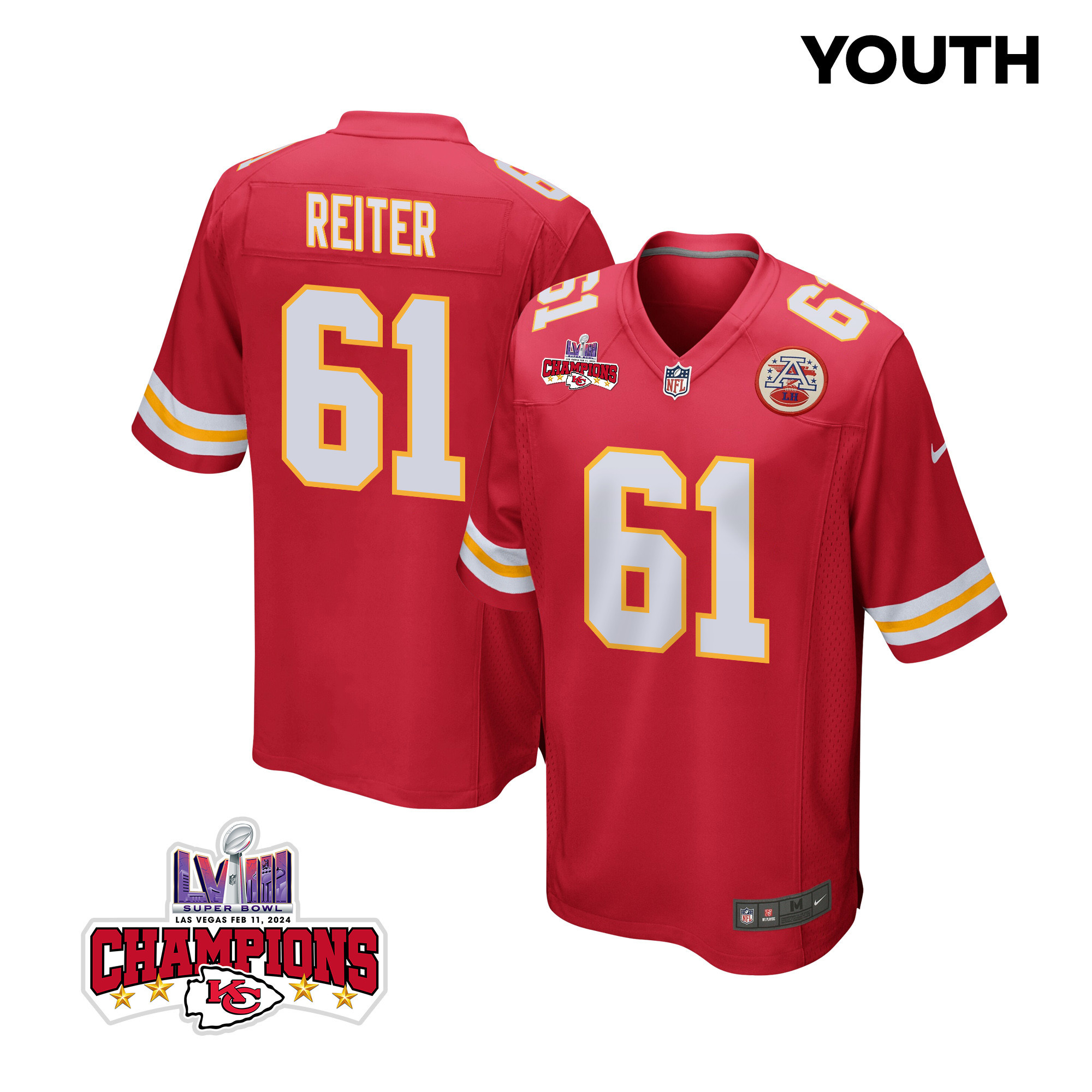 Austin Reiter 61 Kansas City Chiefs Super Bowl Lviii Champions 4 Stars Patch Game Youth Jersey - Red Js6639