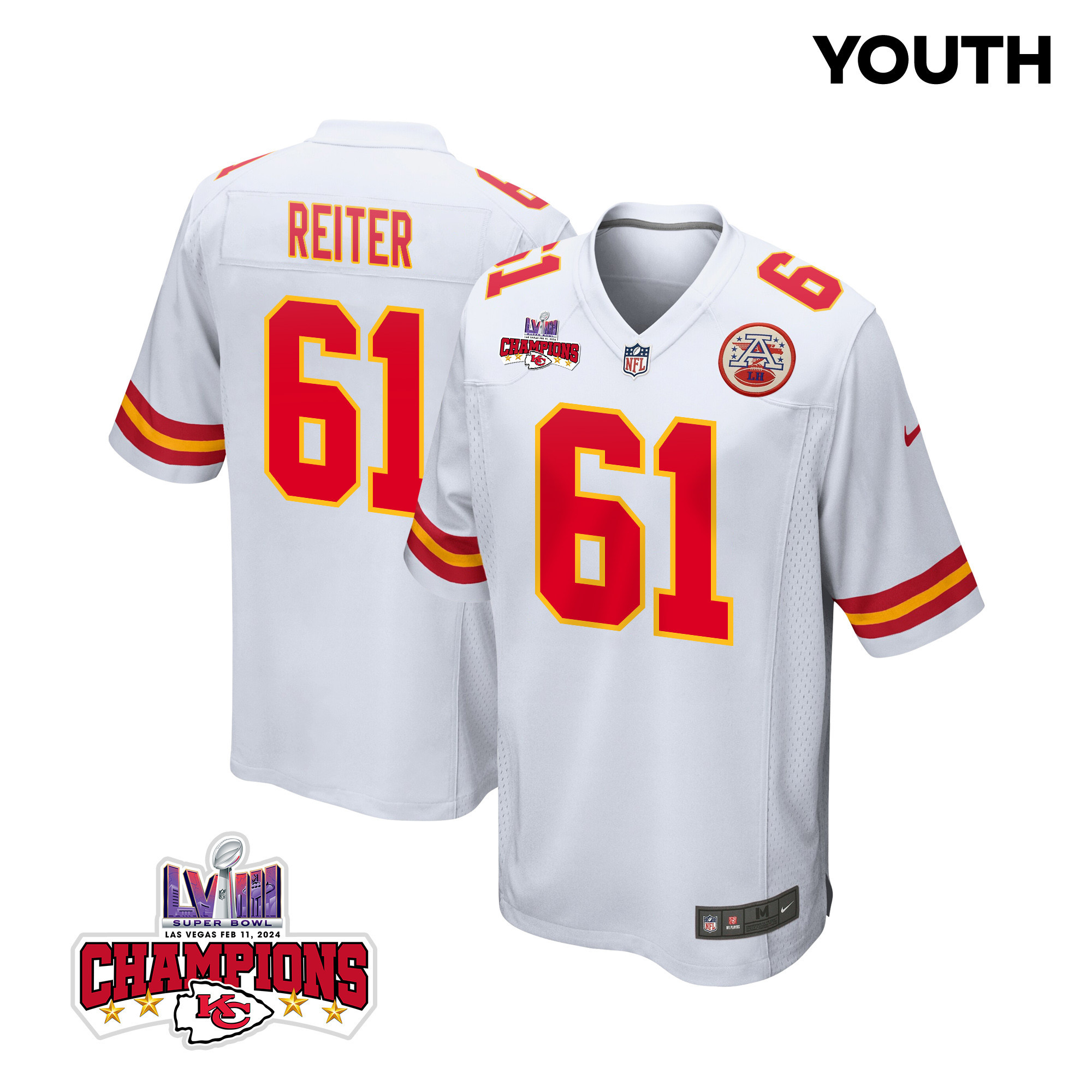 Austin Reiter 61 Kansas City Chiefs Super Bowl Lviii Champions 4 Stars Patch Game Youth Jersey - White Js3592