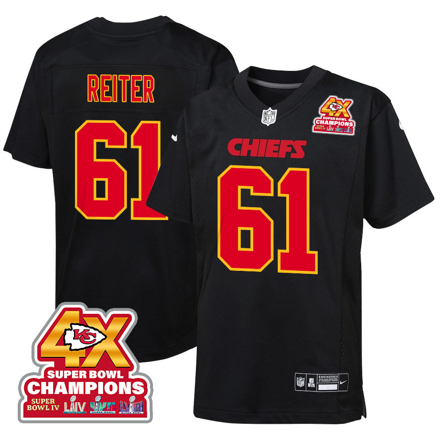 Austin Reiter 61 Kansas City Chiefs Super Bowl Lviii Champions 4x Fashion Game Youth Jersey - Carbon Black Js9138