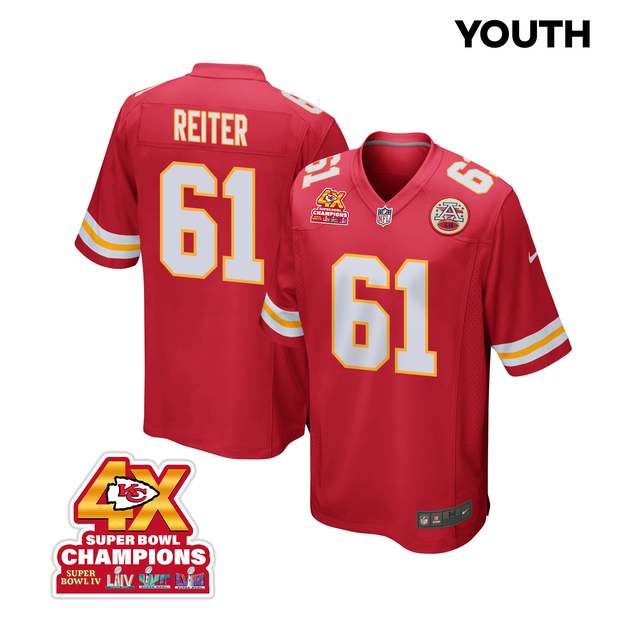 Austin Reiter 61 Kansas City Chiefs Super Bowl Lviii Champions 4x Game Youth Jersey - Red Js7245