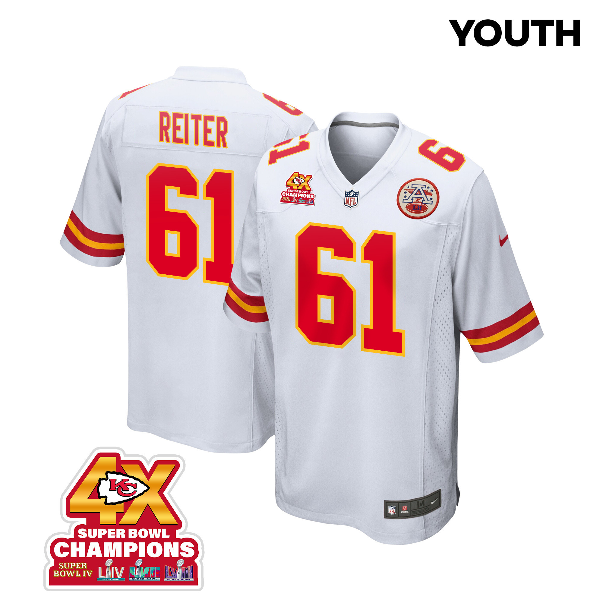 Austin Reiter 61 Kansas City Chiefs Super Bowl Lviii Champions 4x Game Youth Jersey - White Js9157