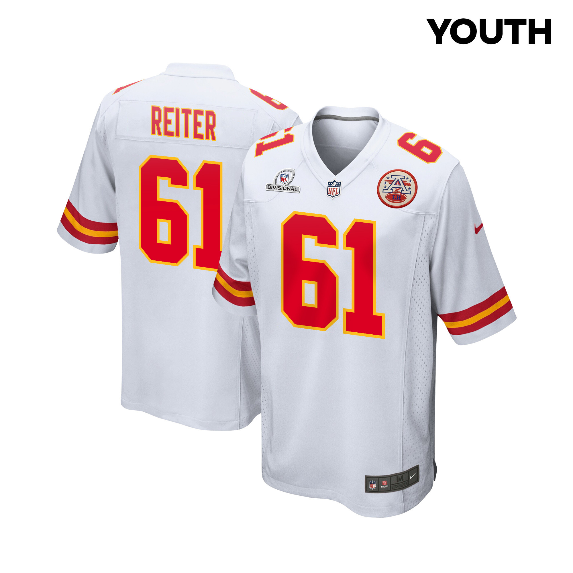Austin Reiter 61 Kansas City Chiefs Super Bowl Lviii Patch Game Youth Jersey - White Js4276