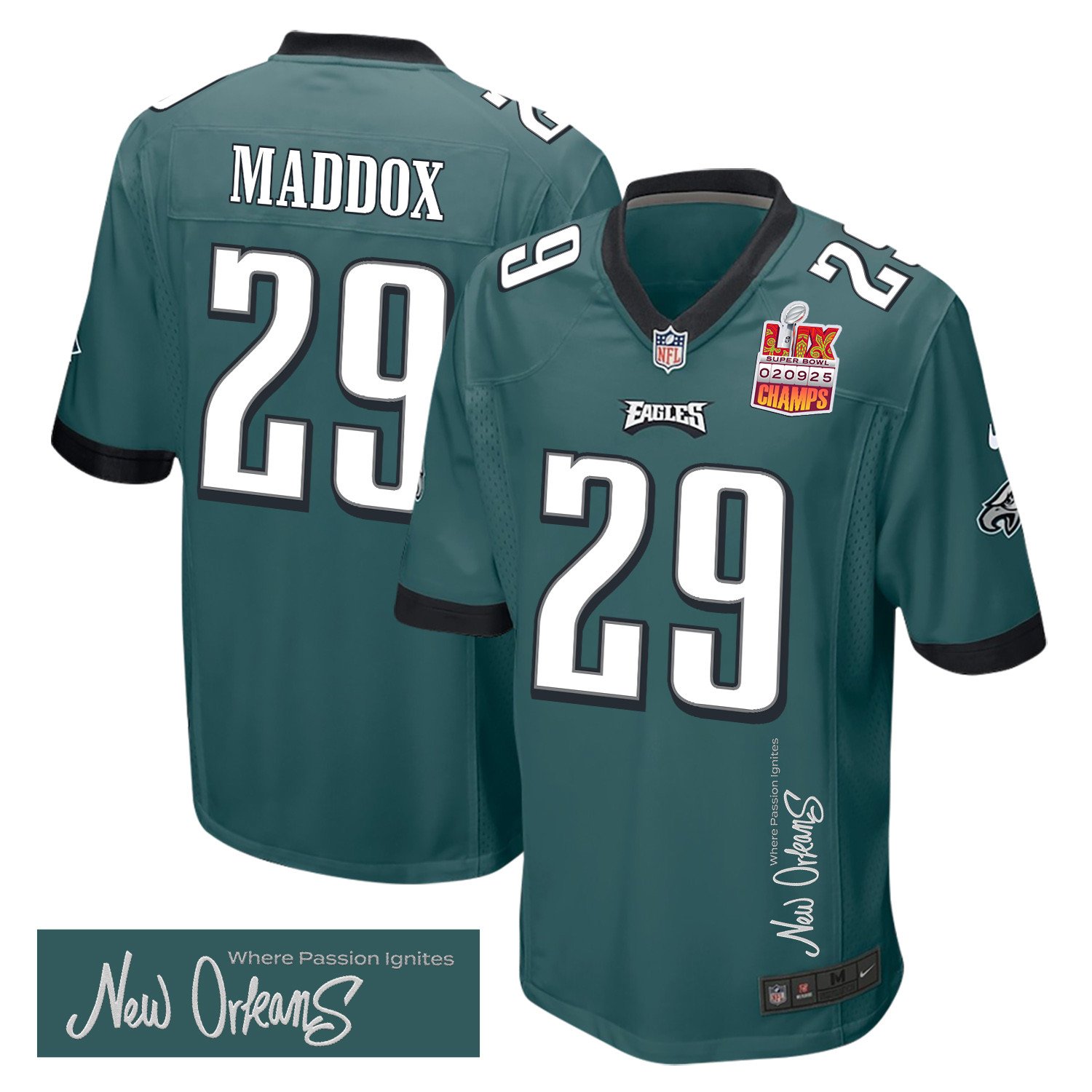 Avonte Maddox 29 Philadelphia Eagles Super Bowl Lix Champions Patch 'new Orleans - Where Passion Ignites' Embroidered Game Men Jersey - Midnight Green Js5667