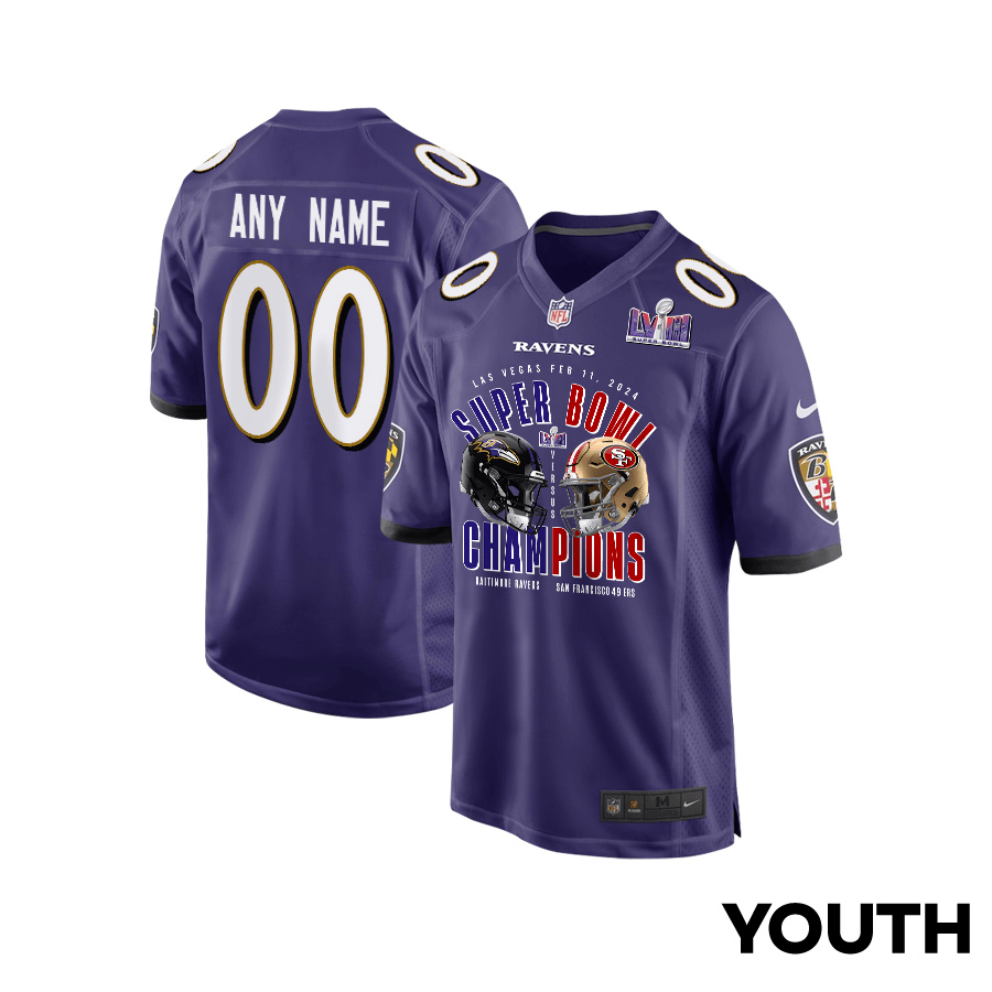 Baltimore Ravens Vs. San Francisco 49ers Super Bowl Lviii Matchup Game Custom Youth Jersey - Purple Js7319