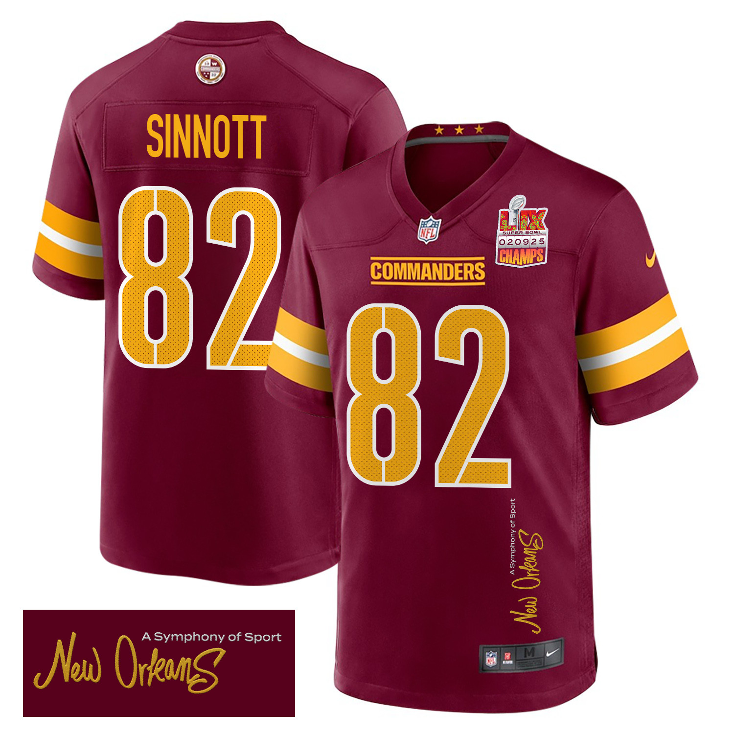Ben Sinnott 82 Washington Commanders Super Bowl Lix Champions Patch 'new Orleans - A Symphony Of Sport' Embroidered Game Men Jersey - Burgundy Js4328