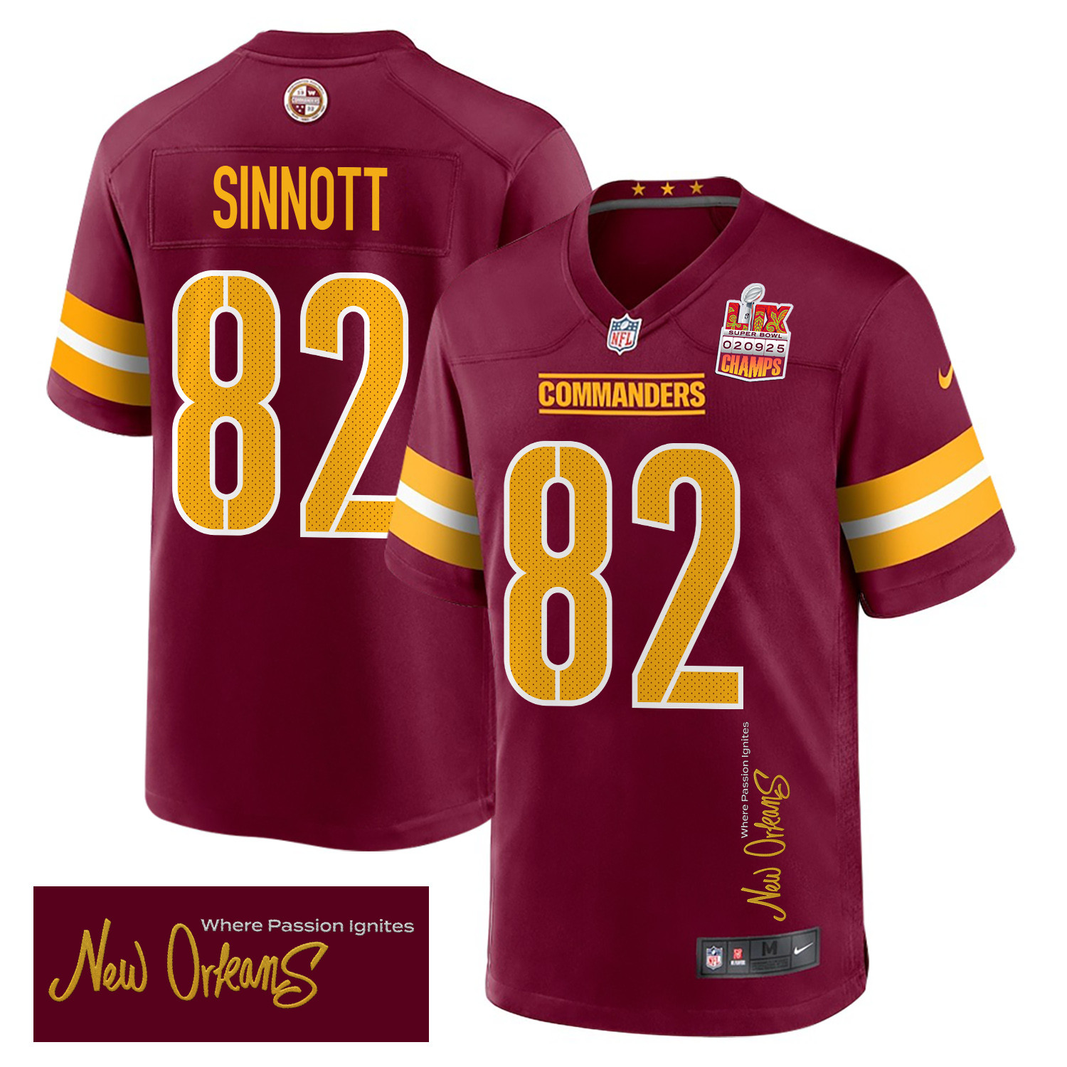Ben Sinnott 82 Washington Commanders Super Bowl Lix Champions Patch 'new Orleans - Where Passion Ignites' Embroidered Game Men Jersey - Burgundy Js7304