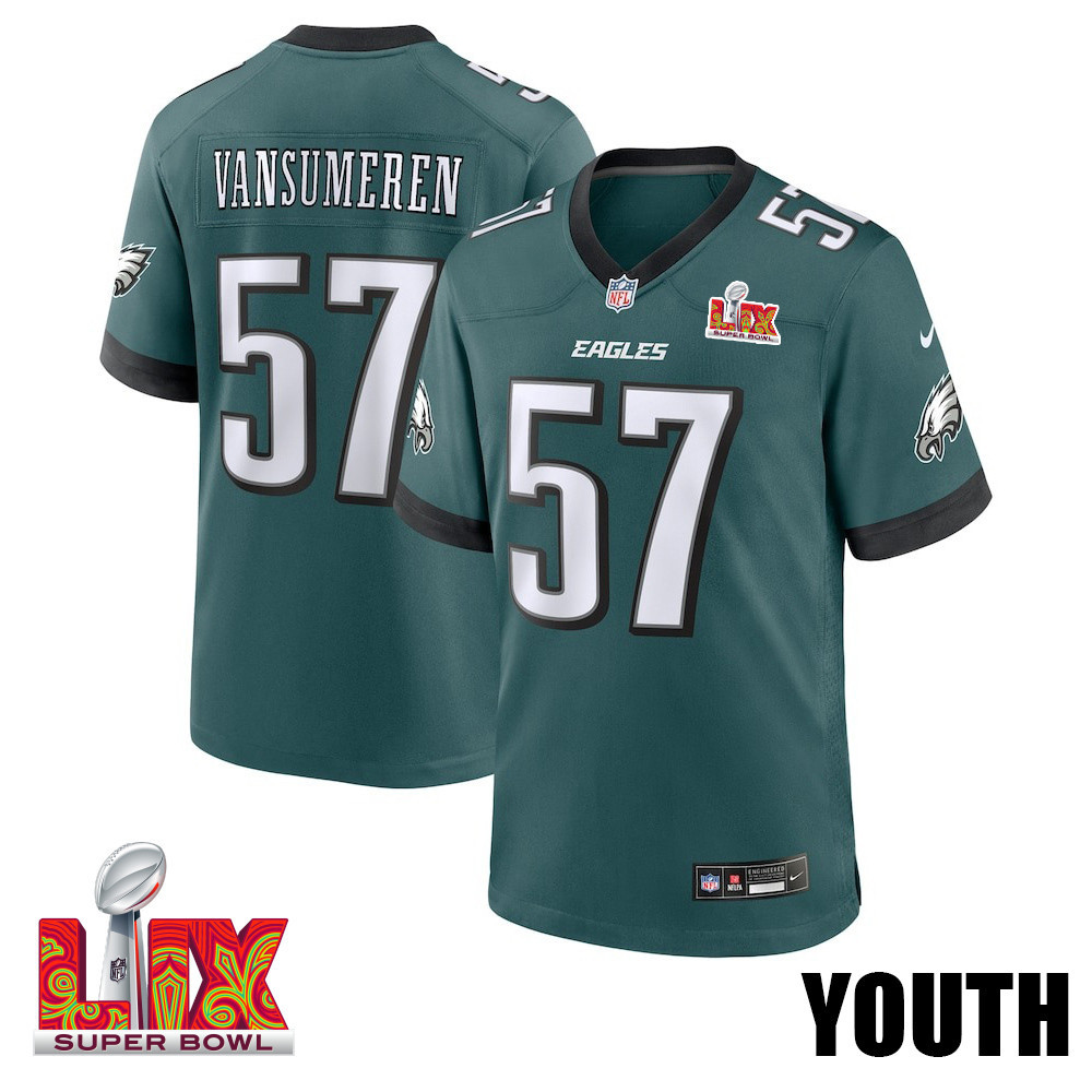 Ben Vansumeren #57 Philadelphia Eagles Super Bowl Lix Youth Jersey - Midnight Green Js6123