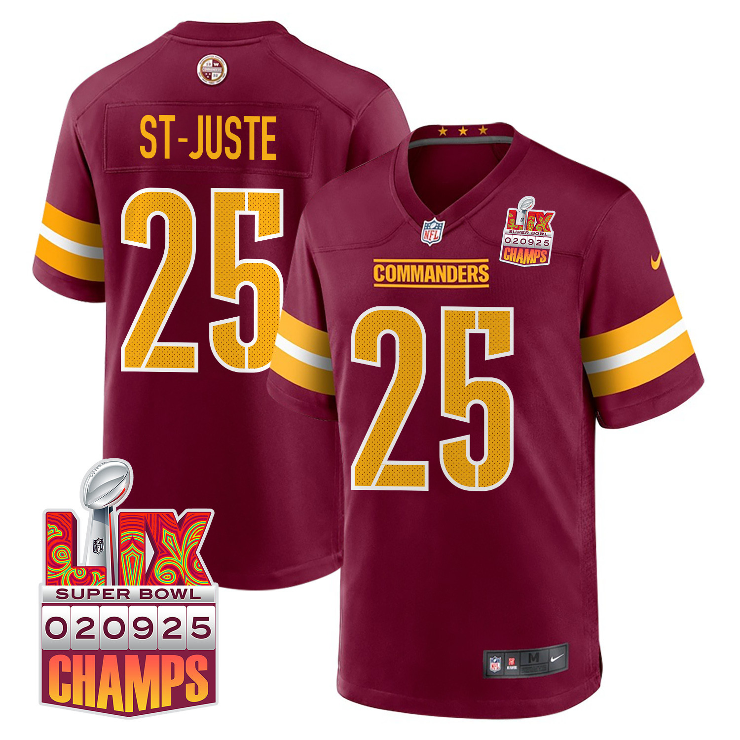 Benjamin St-juste 25 Washington Commanders Super Bowl Lix Champions Patch Game Men Jersey - Burgundy Js9614