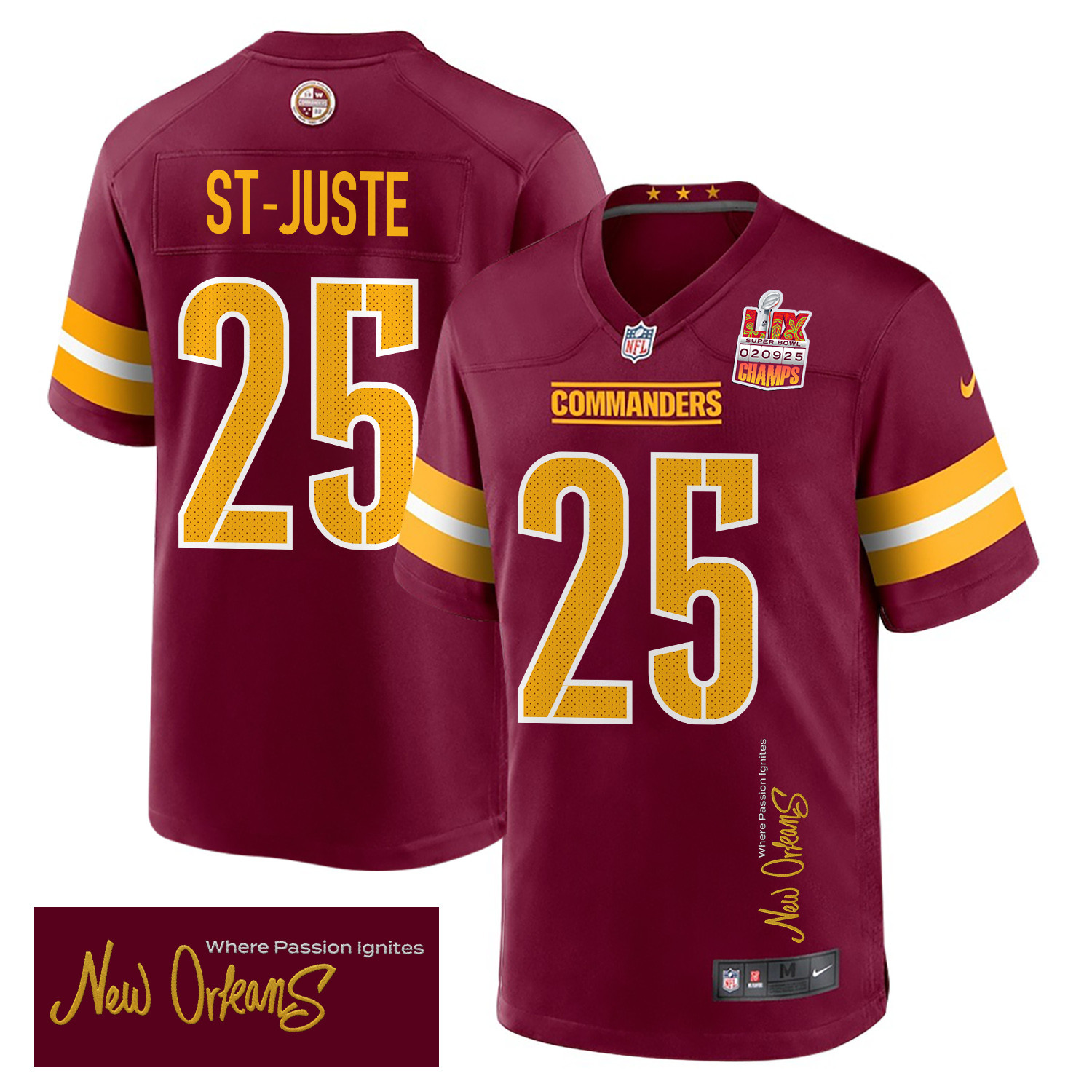 Benjamin St-juste 25 Washington Commanders Super Bowl Lix Champions Patch 'new Orleans - Where Passion Ignites' Embroidered Game Men Jersey - Burgundy Js9589
